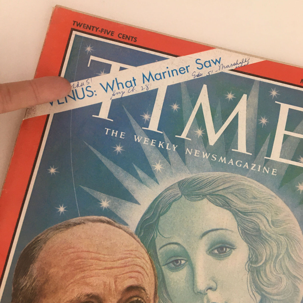 Close-up view of the Time Magazine March 8 1963 cover showing the headline 'Venus: What Mariner Saw' and featuring physicist William Pickering.