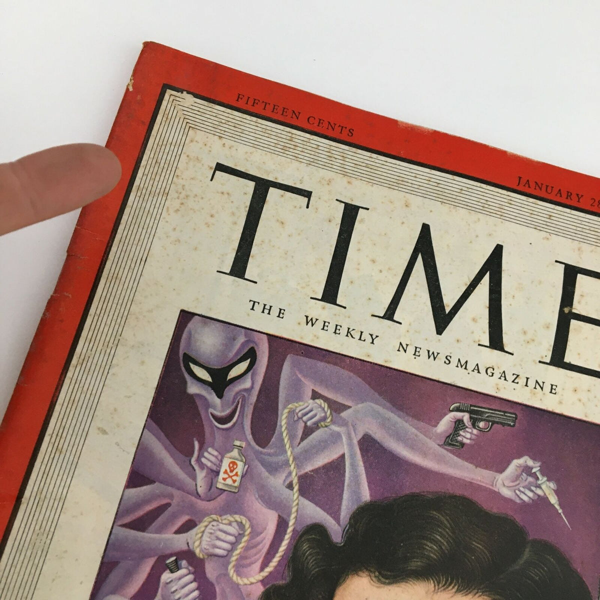 Top view of Time Magazine dated January 28, 1946, showcasing cover details including the date and price, with a focus on mystery elements associated with author Craig Rice.