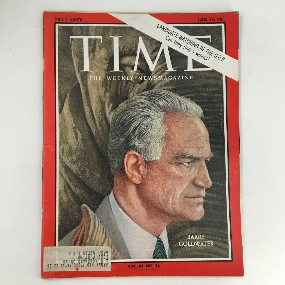 Cover of Time Magazine dated June 14, 1963, featuring Barry Goldwater, Vol. 81 No. 24, highlighting the political climate and candidacy in the G.O.P.