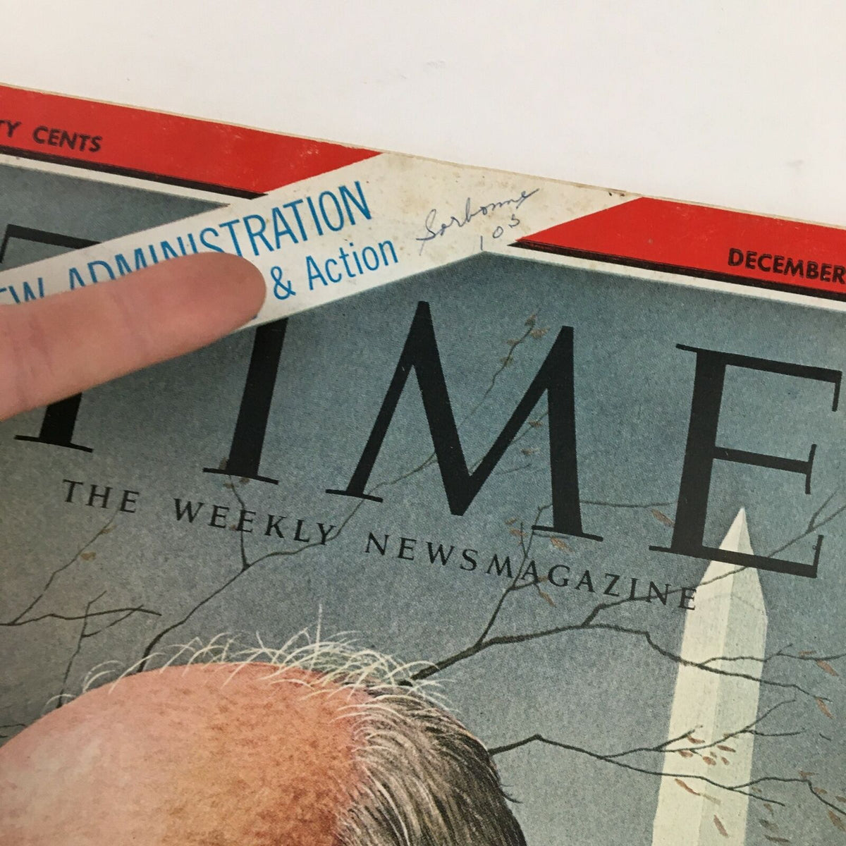 Close-up of the Time Magazine cover from December 6, 1963, showcasing the title with a focus on the 'New Administration' banner and an article feature, highlighting Dean Rusk and the political transitions of that era.
