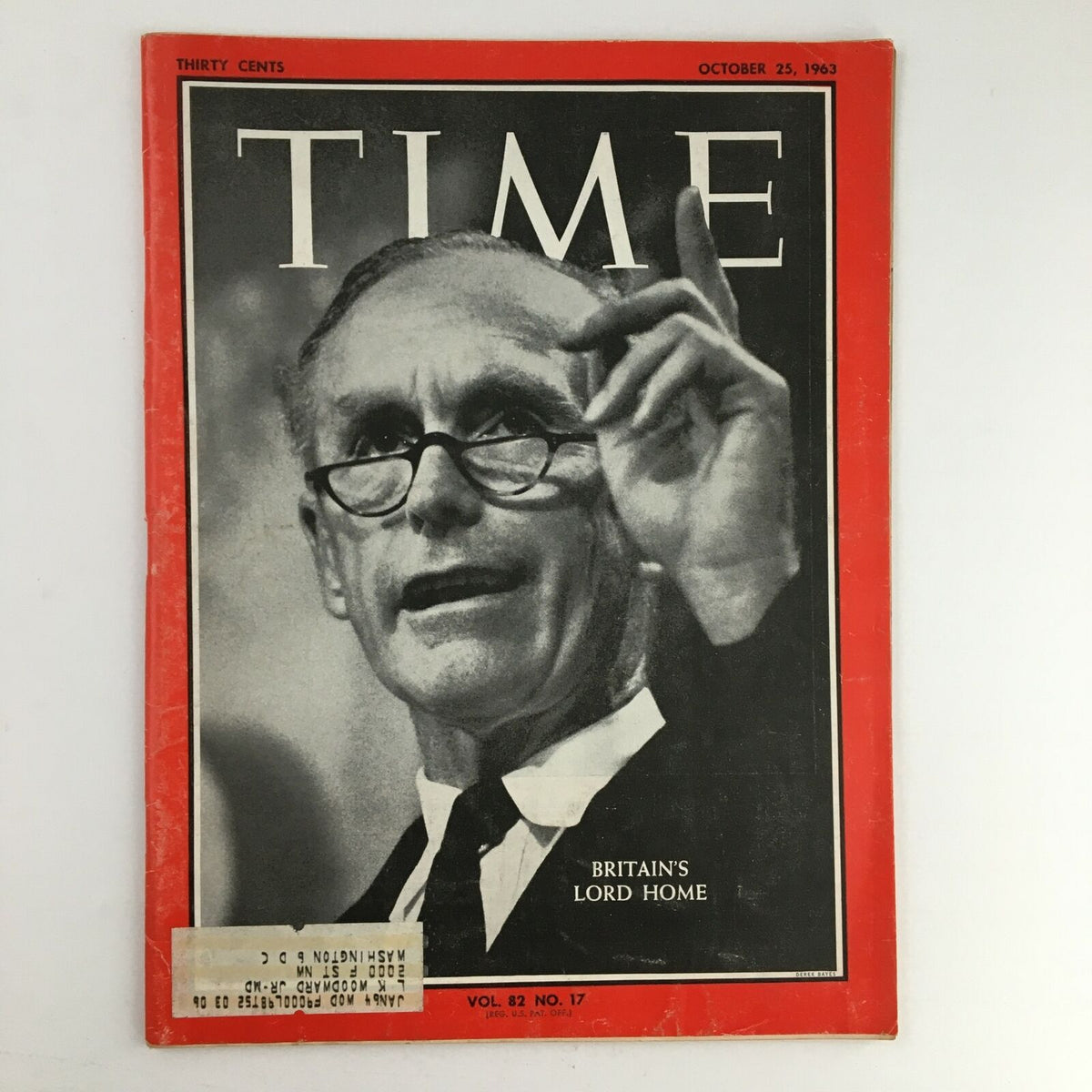 Time Magazine October 25 1963 featuring Britain's Alec Douglas-Home on the cover, showcasing a pivotal moment in British politics with an image of him gesturing and wearing glasses, highlighting the magazine's vintage appeal.