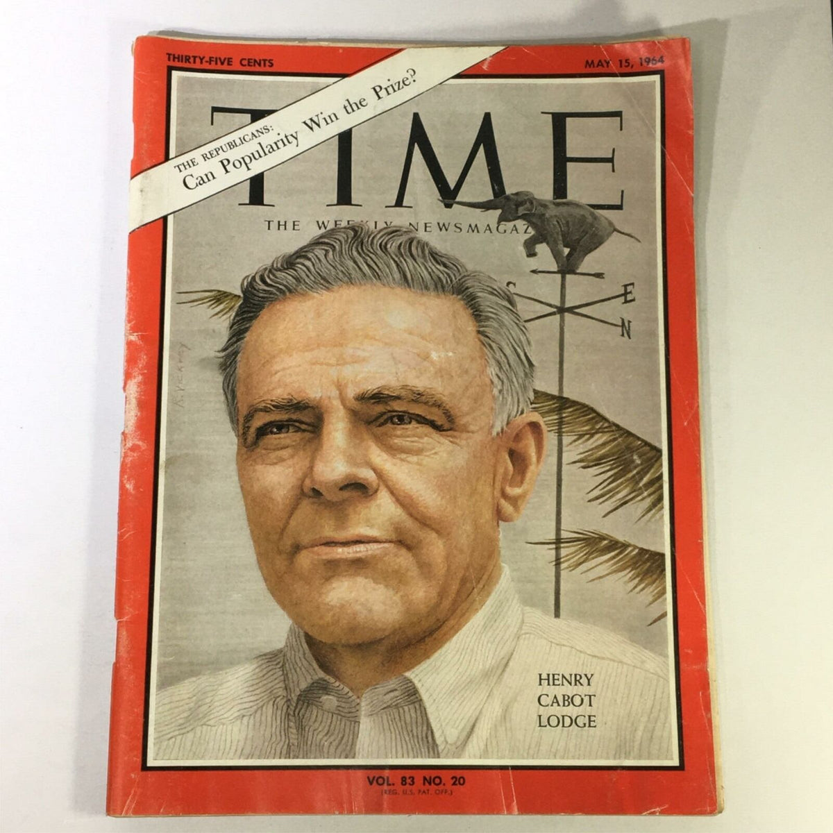 Vintage Time Magazine May 15, 1964 featuring Henry Cabot Lodge on the cover, highlighting the theme 'The Republicans'. This collectible issue provides a glimpse into 1960s American politics and electoral campaigns.