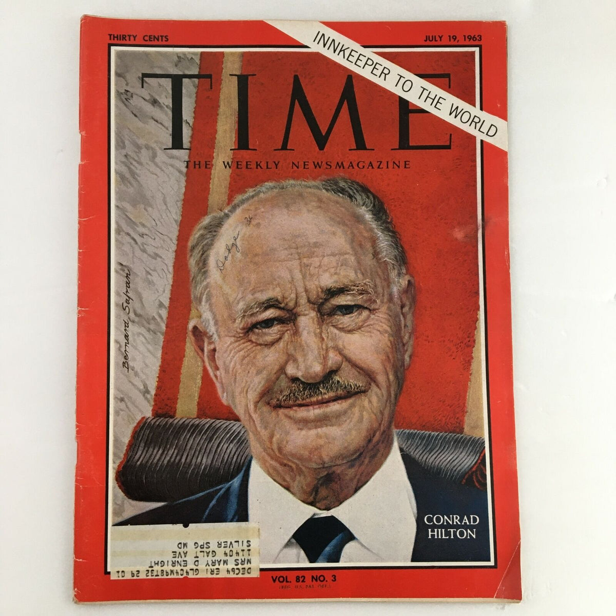 Cover of Time Magazine dated July 19, 1963, featuring the title 'Innkeeper to the World' and an image of Conrad Hilton, highlighting his influence in the hospitality industry.