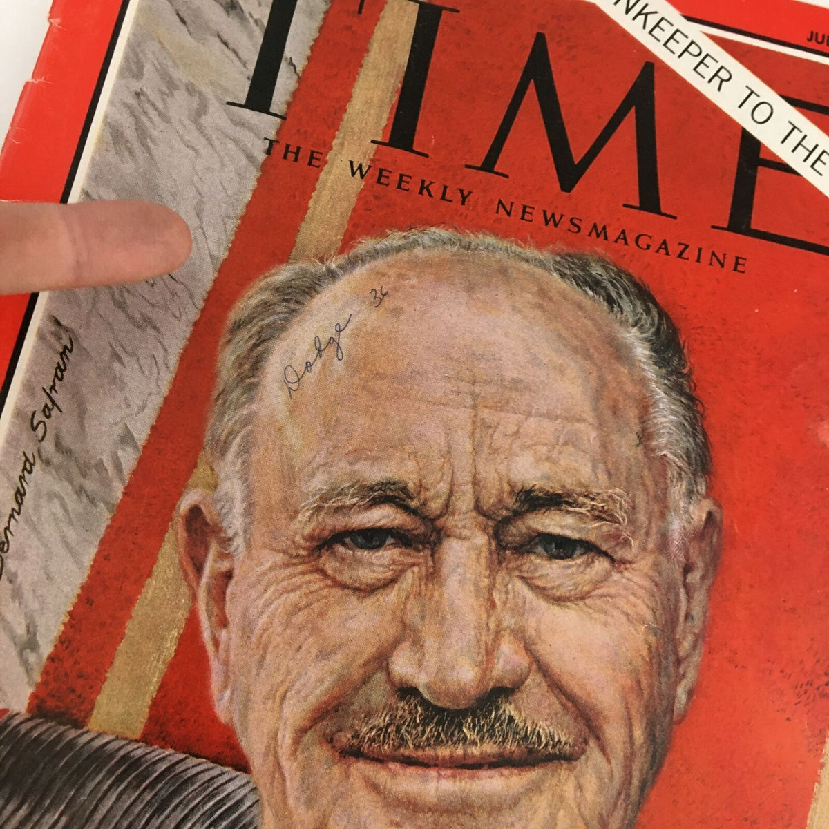 Close-up of the Time Magazine cover dated July 19, 1963, showcasing Conrad Hilton with an inscription above his image, reflecting his role as a prominent innkeeper.