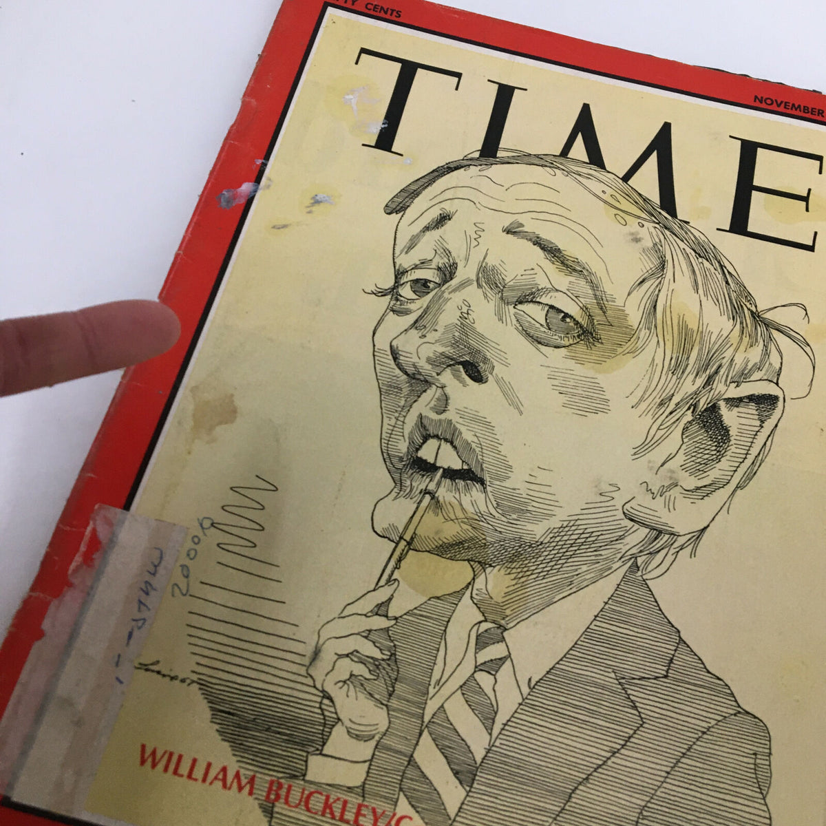 Close-up view of the VTG Time Magazine cover dated November 3, 1967, depicting William Buckley with the caption 'Conservatism Can Be Fun', highlighting minor wear and a label on the front.