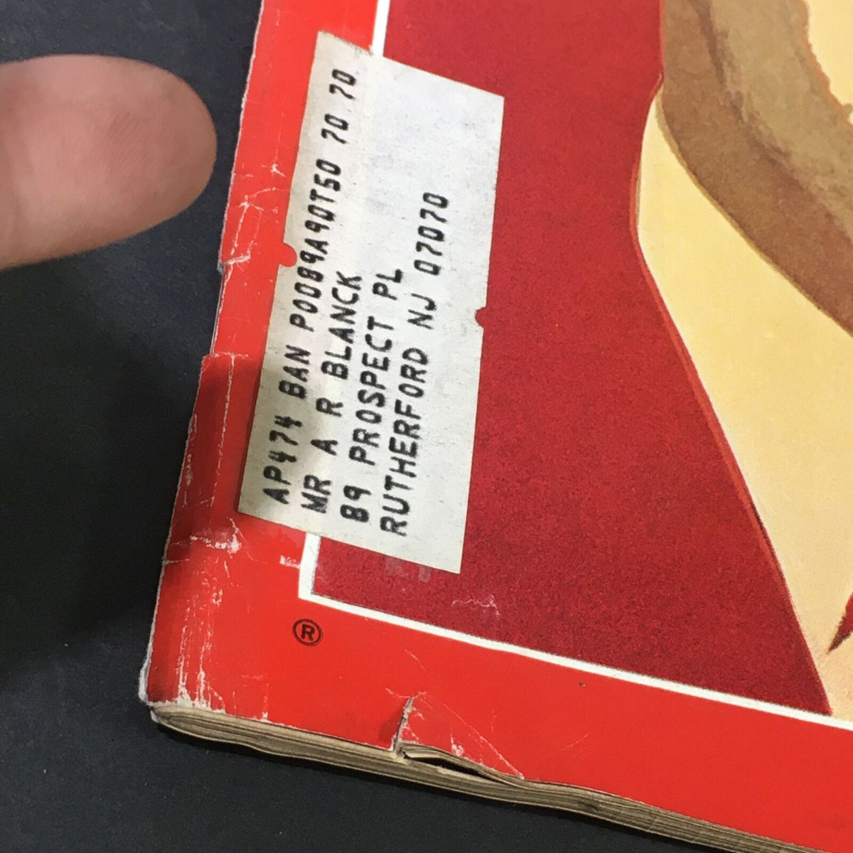 Label on the side of VTG Time Magazine April 20 1970, showing former owner's address and condition details