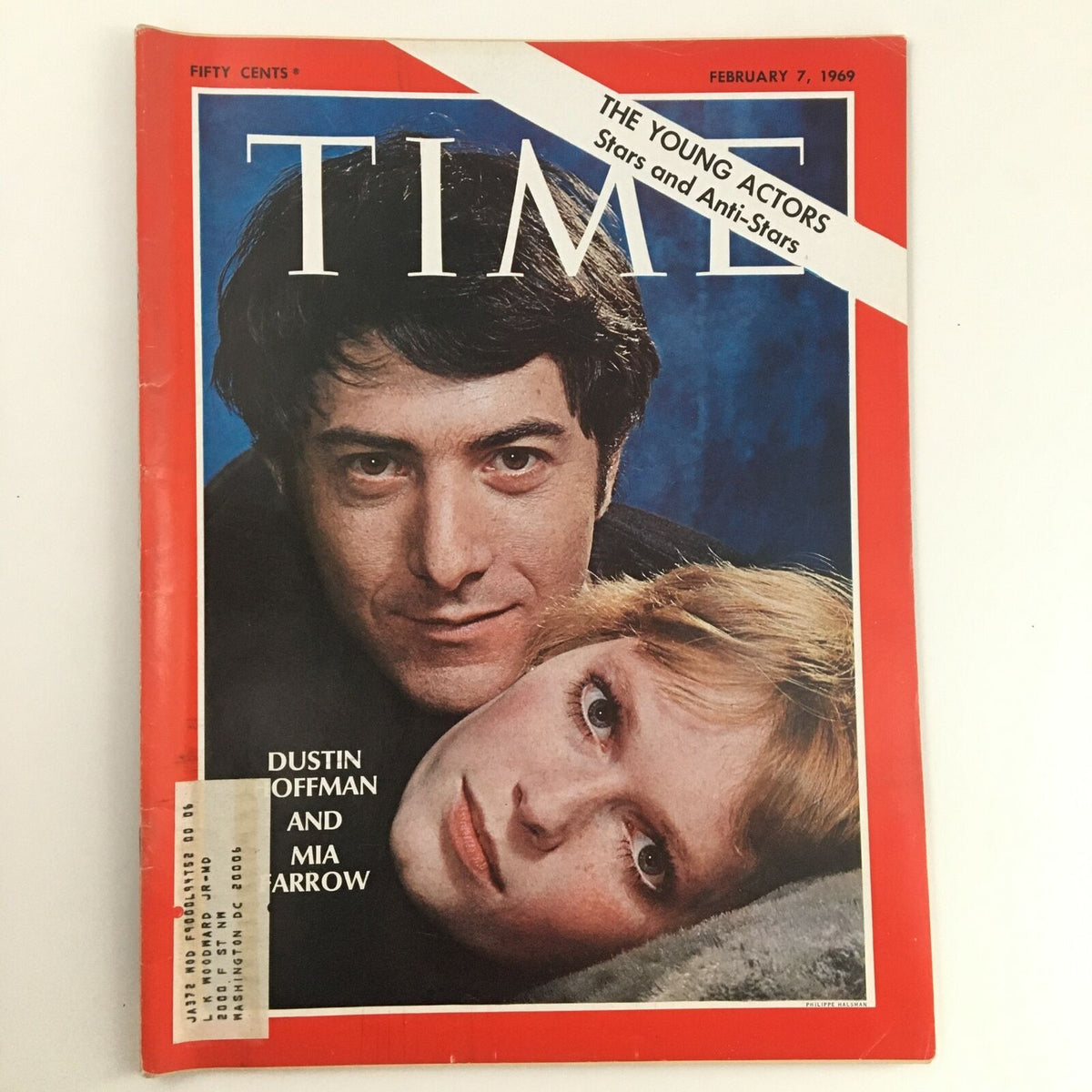 Cover of Time Magazine dated February 7, 1969, featuring Dustin Hoffman and Mia Farrow, showcasing the theme 'The Young Actors: Stars and Anti-Stars' with bold typography.