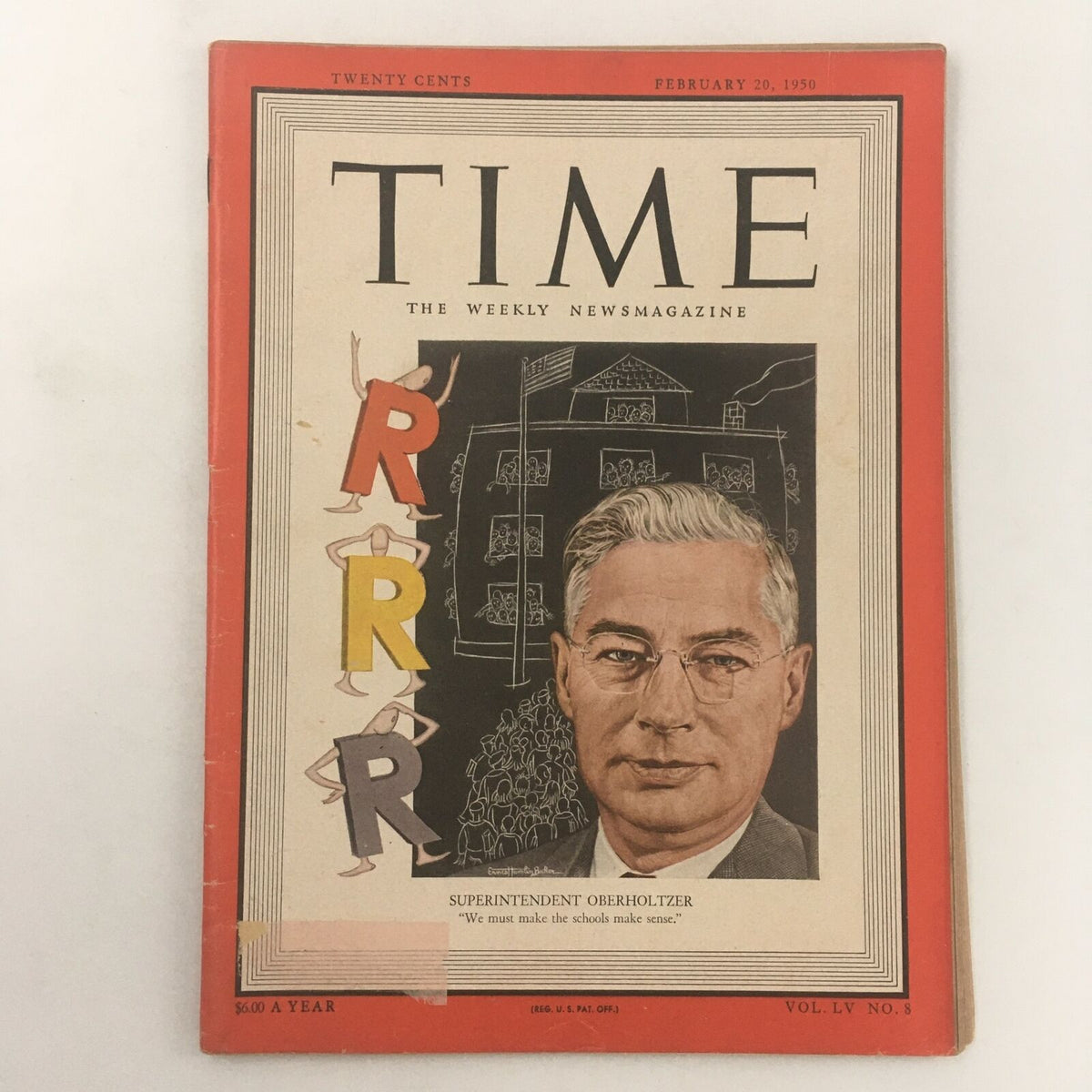 Vintage Time Magazine cover from February 20, 1950 featuring Superintendent Edison E. Oberholtzer, highlighting educational themes with bold cover art, showcasing a historical moment.