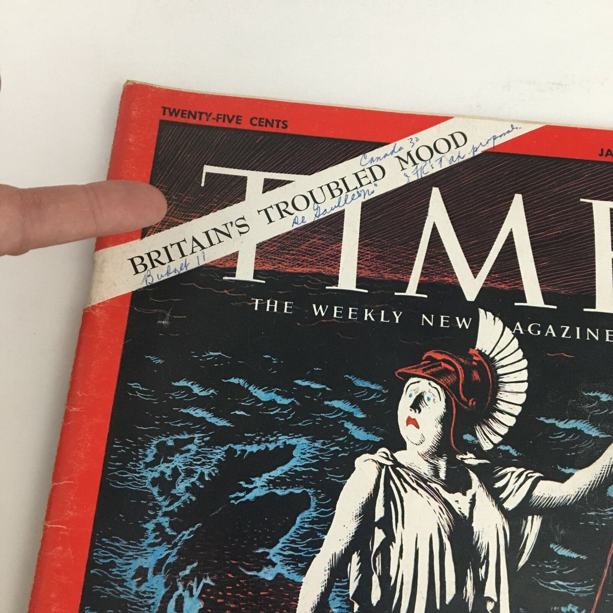 Close-up of Time Magazine January 25, 1963 cover emphasizing the 'Britain's Troubled Mood' headline with handwritten notes and textures highlighting vintage magazine details.