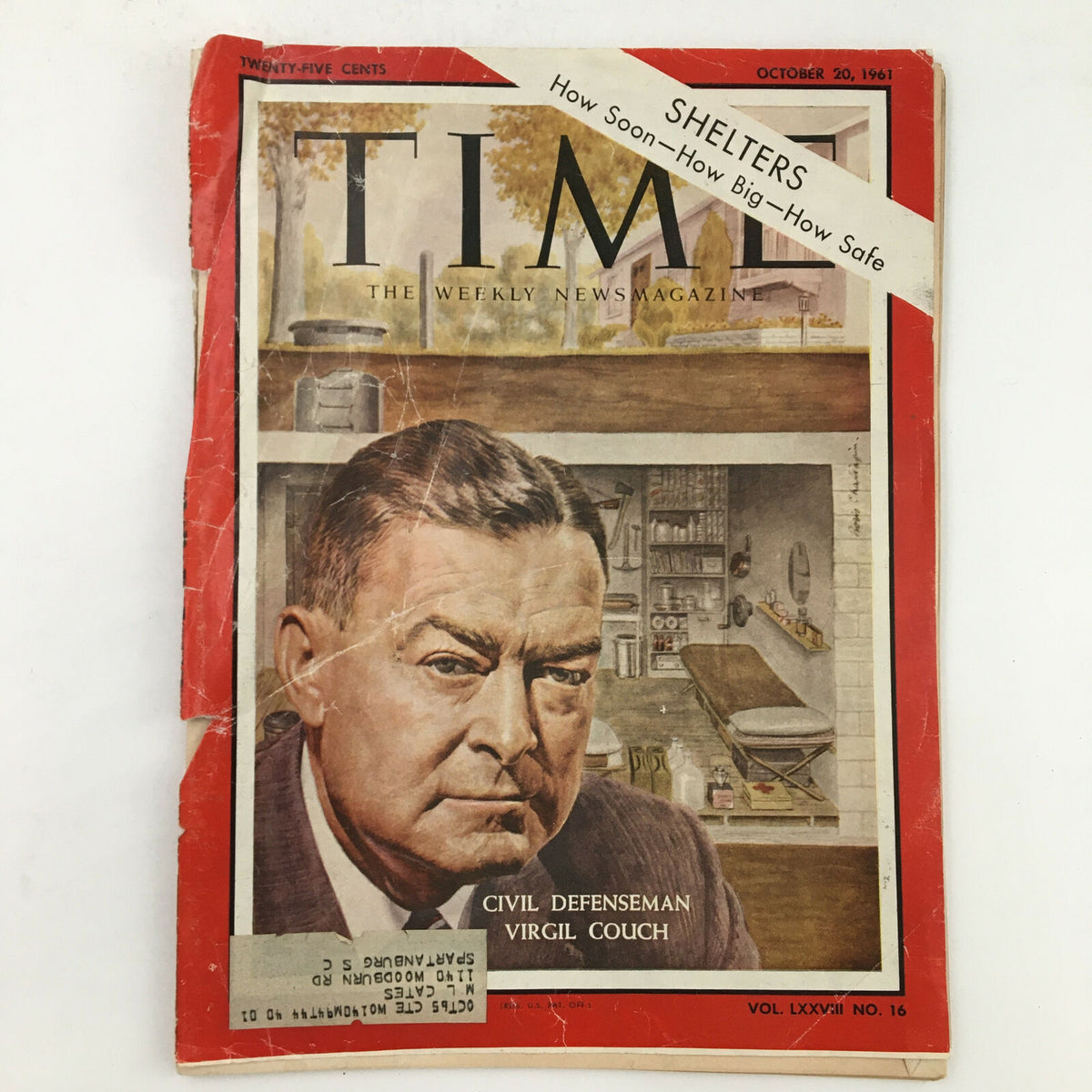 Time Magazine October 20, 1961 cover featuring Civil Defenseman Virgil Couch, showcasing a vintage design with a red border and historical context.