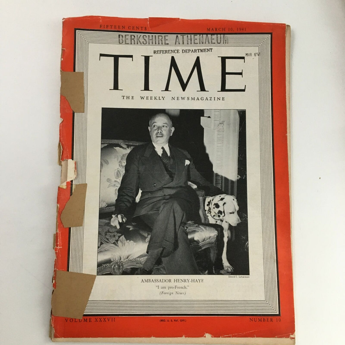 Cover of Time Magazine dated March 10, 1941, Volume 37, Number 10, featuring Ambassador Gaston Henry-Haye and a vintage design with notable wear.
