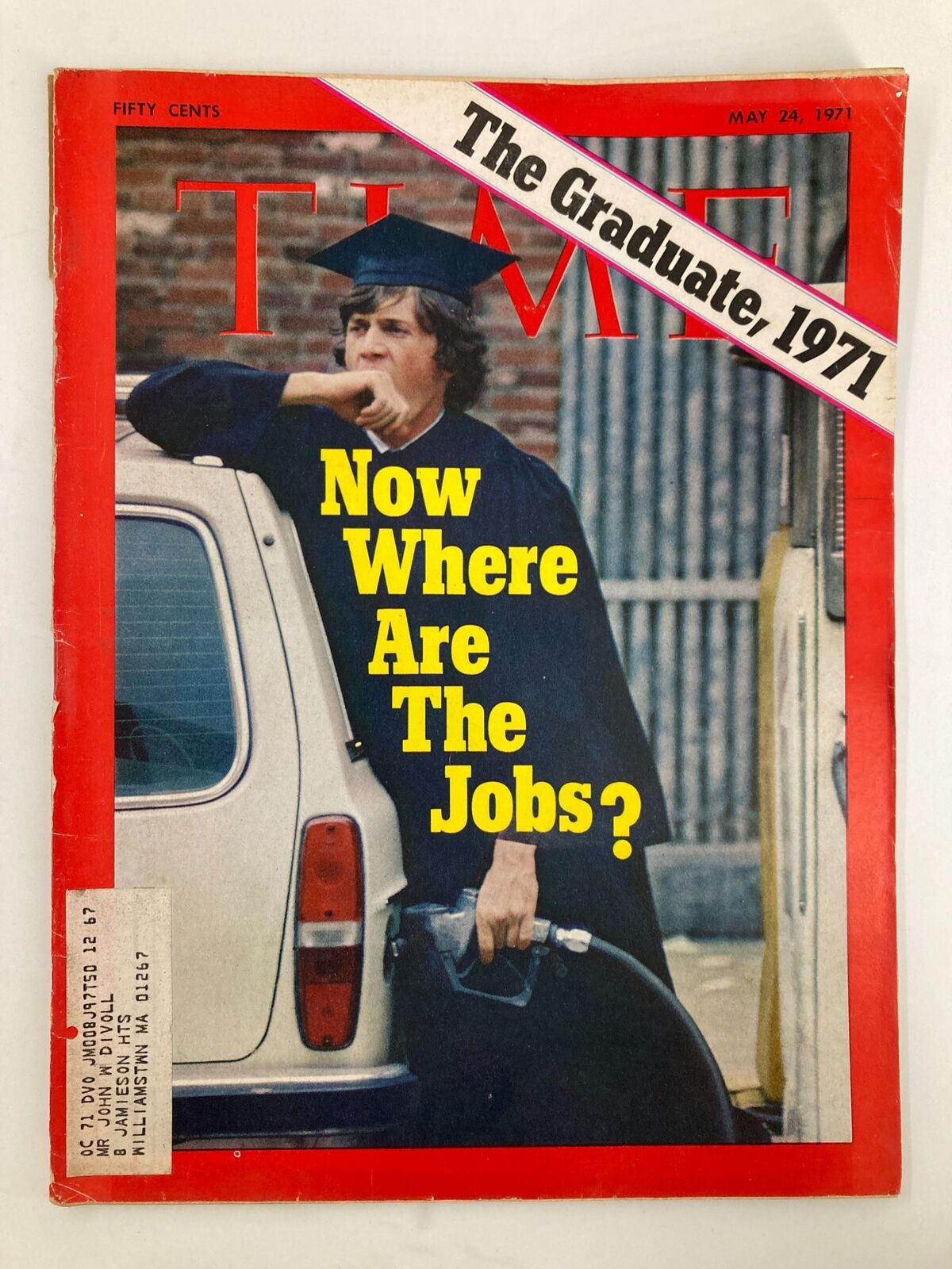 Vintage Time Magazine cover from May 24, 1971, featuring 'The Graduate' with the headline 'Now Where Are The Jobs?' This historical edition captures the concerns of graduates in the early 70s.
