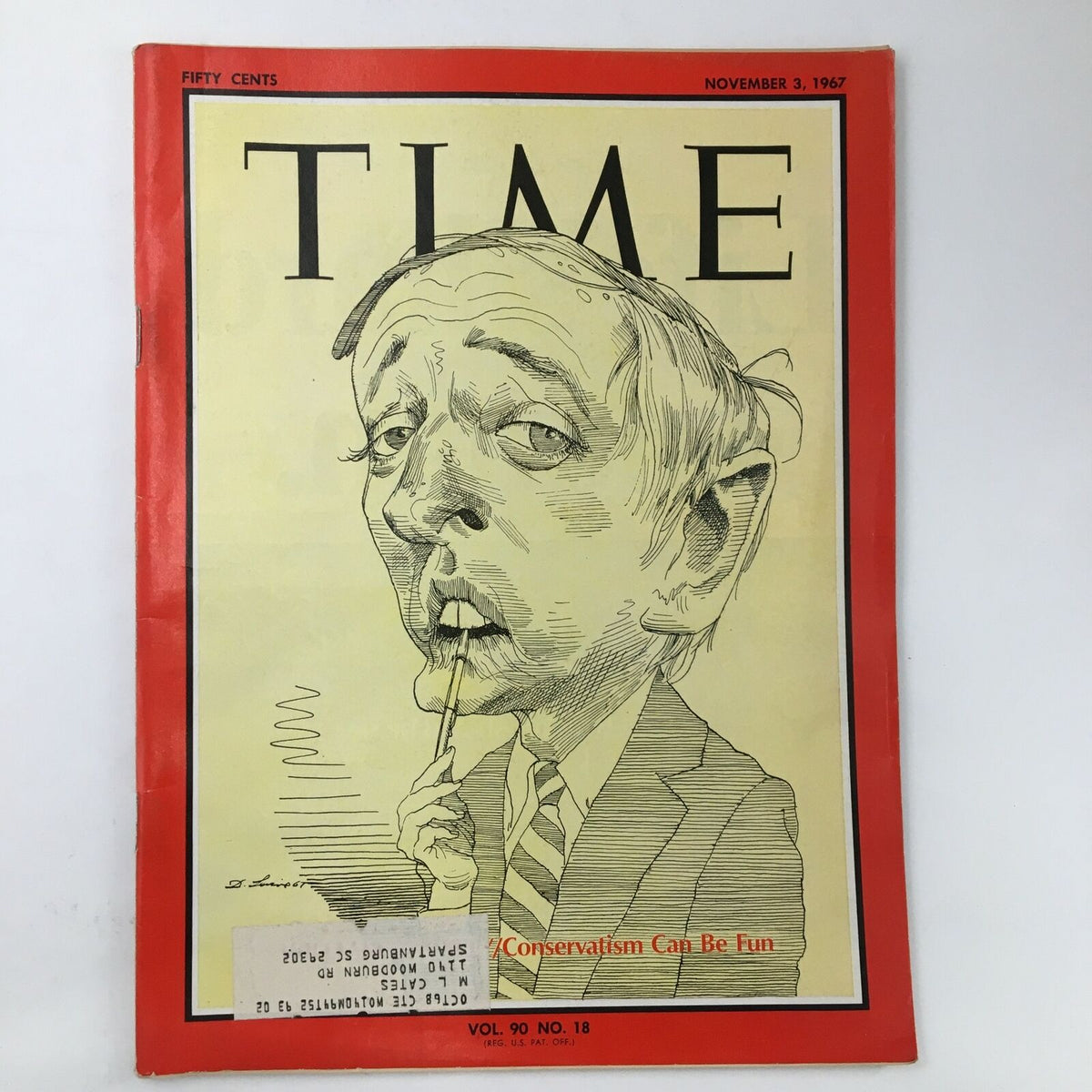 Cover of Time Magazine November 3 1967 featuring a caricature of William F. Buckley with the title 'Conservatism Can Be Fun', Vol. 90 No. 18.