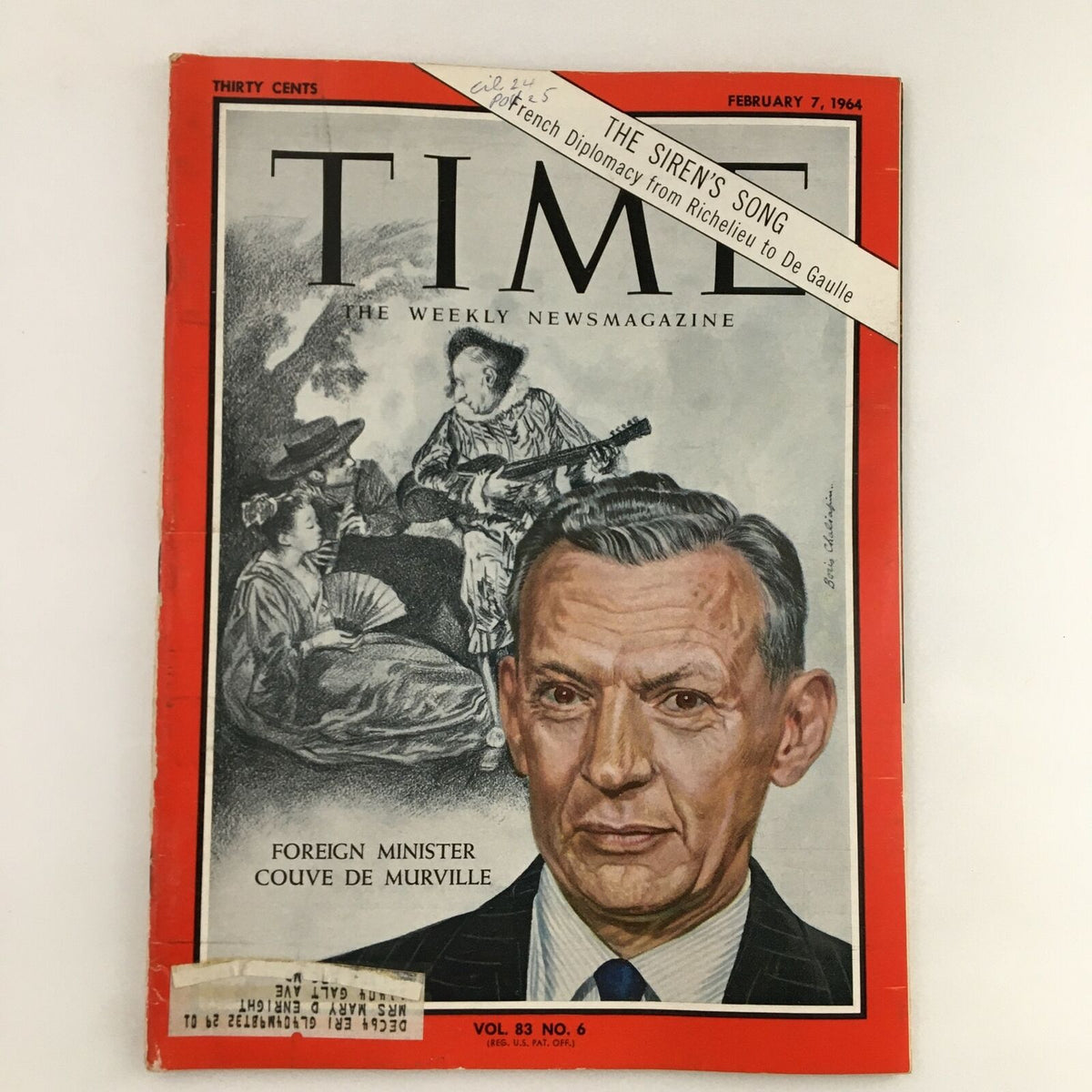 Cover of Time Magazine from February 7, 1964, Vol. 83 No. 6 featuring Foreign Minister Couve de Murville, illustrating a historical snapshot with artwork depicting French diplomacy.