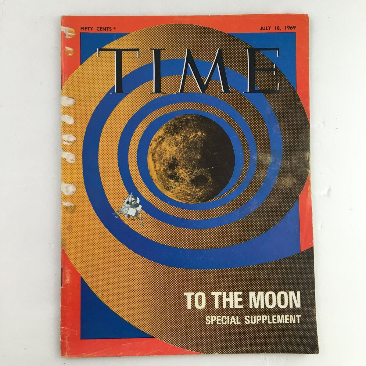 Cover of Time Magazine from July 18, 1969, Vol. 94 No. 3 - To The Moon Special Supplement, featuring striking artwork with a lunar surface and Apollo 11 spacecraft, highlighting the moon landing.