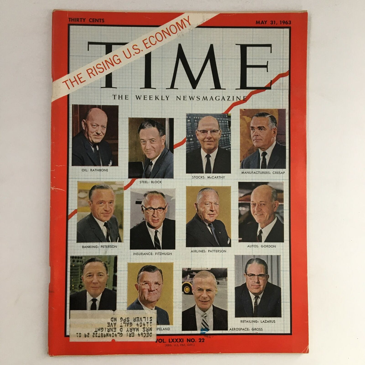 Cover of Time Magazine from May 31, 1963, Volume 81, Issue 22, featuring the title 'The Rising U.S. Economy' with a collage of portraits of notable figures such as Oil Rathbone, Steel Block, and others contributing to the analysis of America's economic growth.