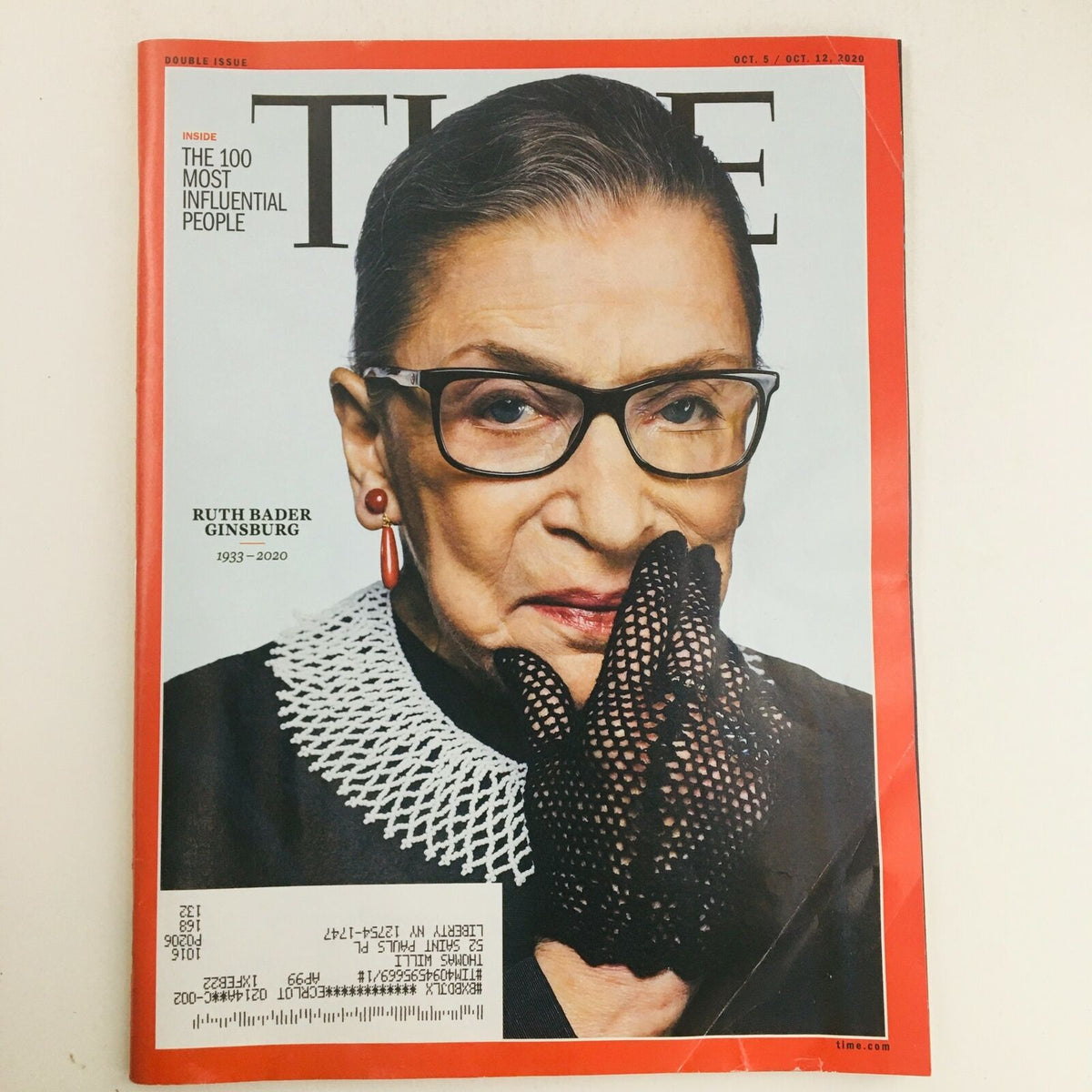 Time Magazine October 5, 2020 issue featuring a cover photo of Ruth Bader Ginsburg, highlighting her legacy as a renowned lawyer and jurist.
