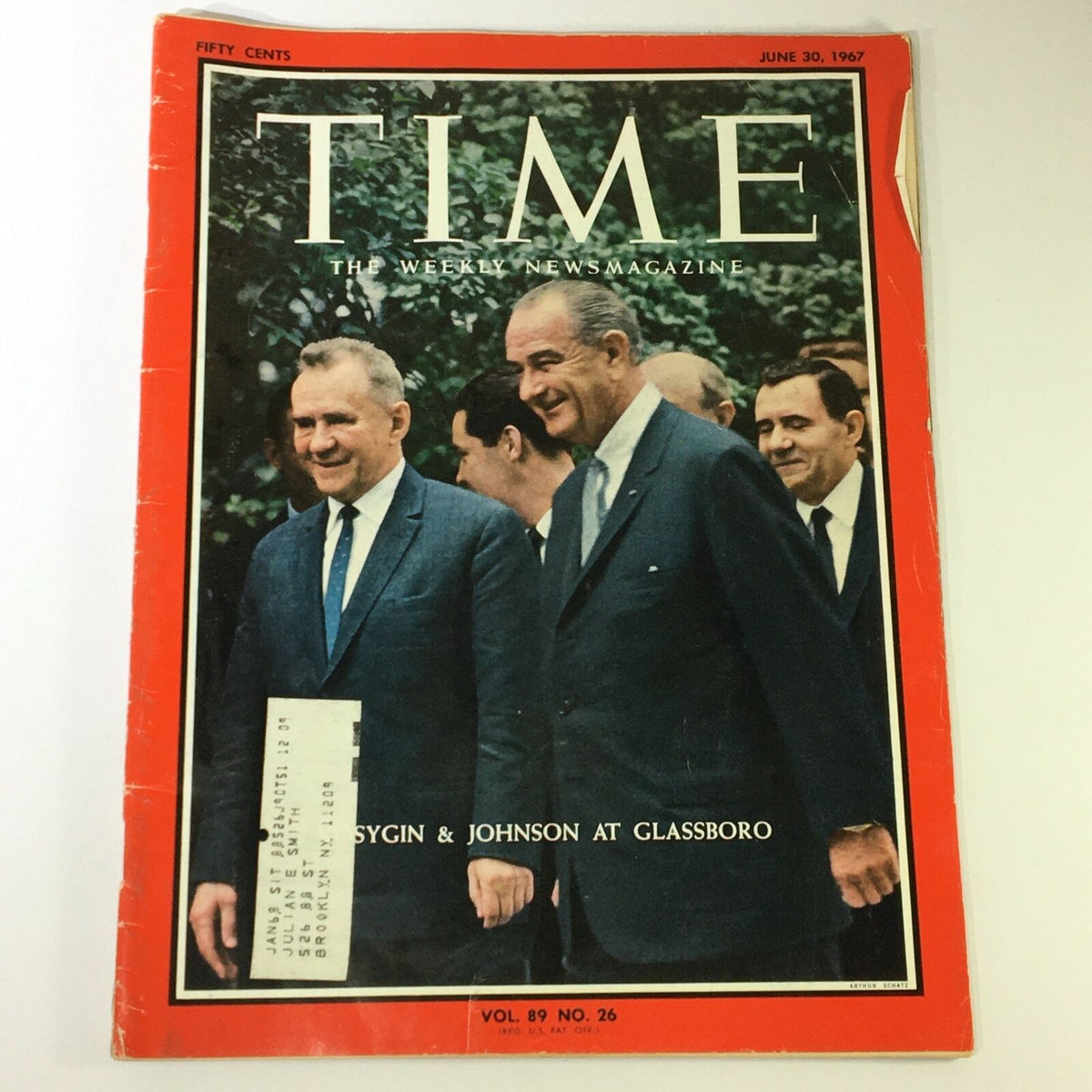Vintage Time Magazine June 30, 1967 cover showcasing heads of state Alexei Kosygin and Lyndon Johnson at Glassboro, encapsulating a crucial moment in international relations.