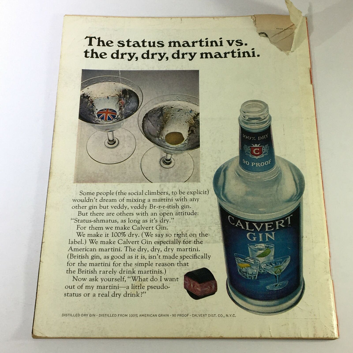 Back cover of Vintage Time Magazine June 30 1967, featuring an advertisement for Calvert Gin promoting its unique martini.
