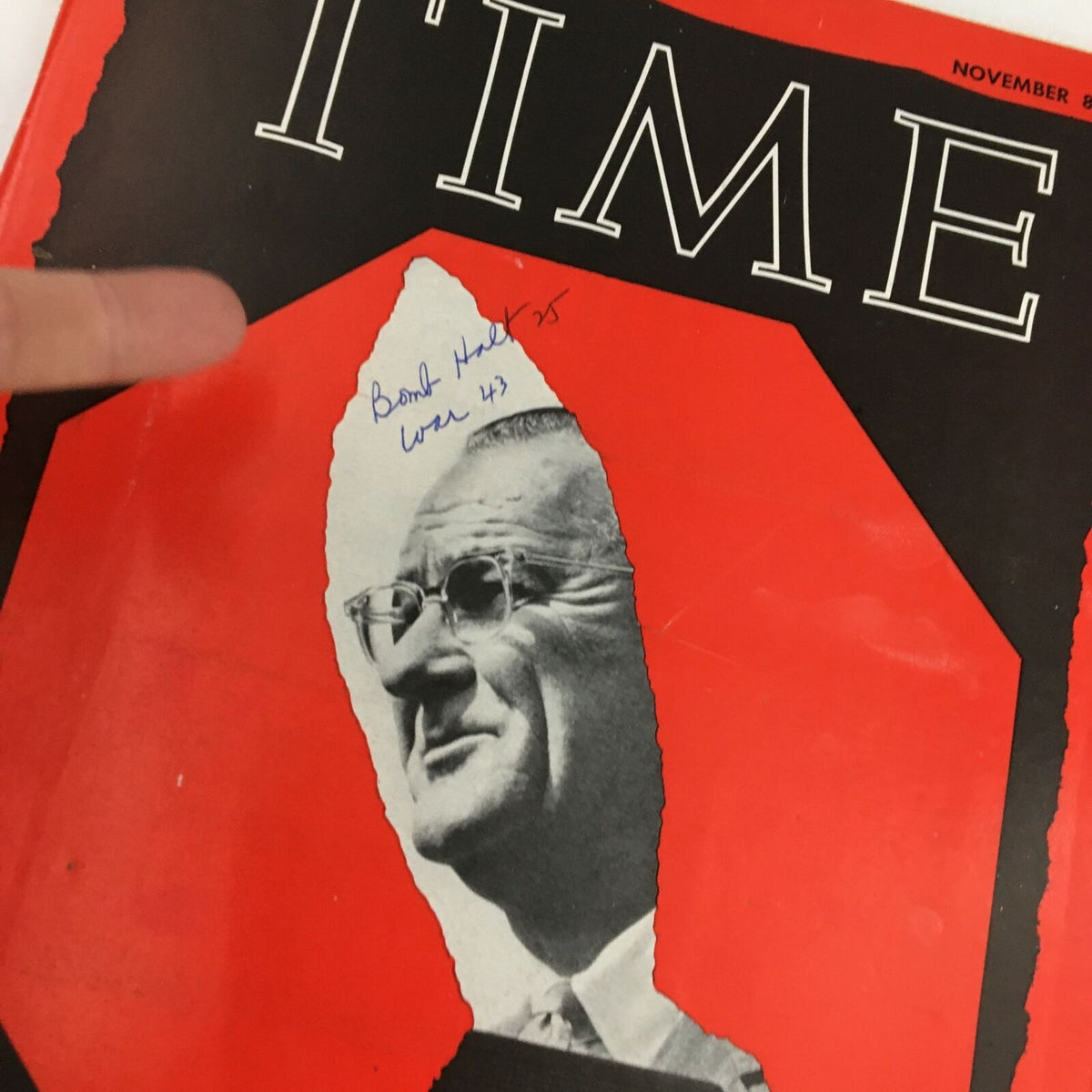 Close-up view of the Time Magazine cover from November 8, 1968, highlighting the title 'THE BOMBING DECISION' and handwritten notes on the cover.