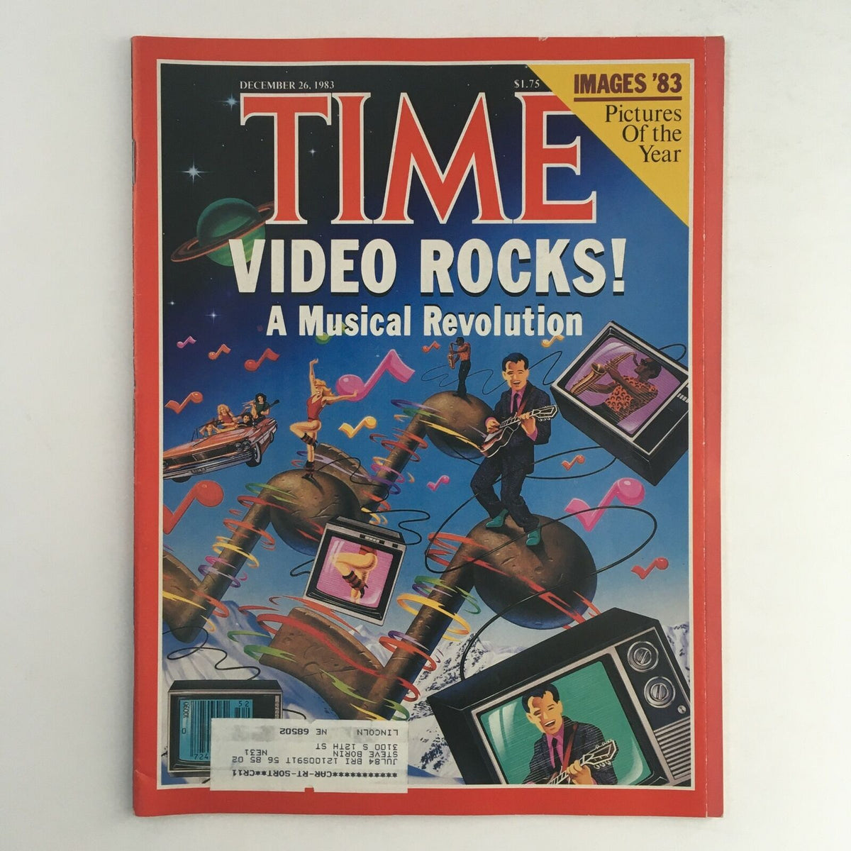 Time Magazine December 26, 1983 cover featuring the headline 'Video Rocks! A Musical Revolution', showcasing vibrant illustrations of musicians and music videos, a representation of the significant cultural changes in the 1980s.