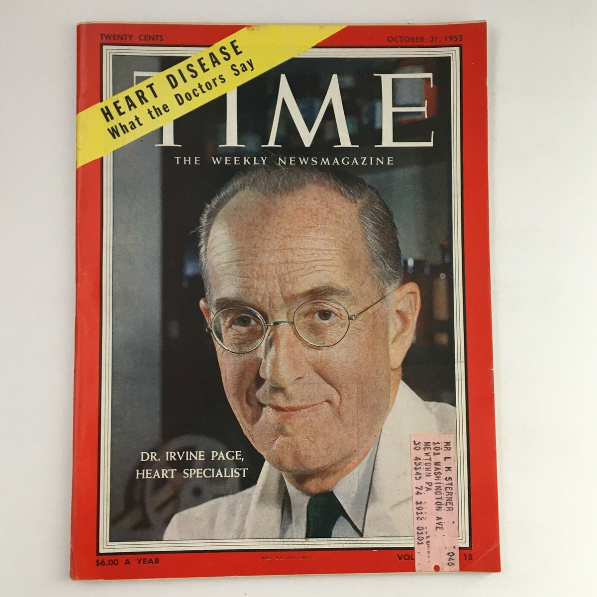 Time Magazine October 31 1955 Vol. 66 No. 18 featuring Dr. Irvine Page, Heart Specialist, with a captivating cover design and a headline about heart disease.
