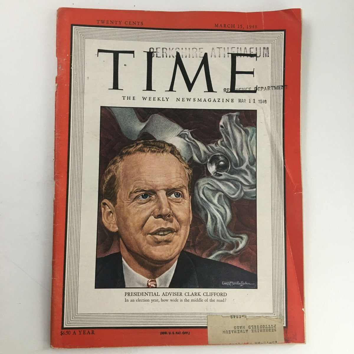 Time Magazine March 15 1948, Vol 51 #11 featuring Presidential Adviser Clark Clifford on the cover, depicting his portrait with artistic elements.