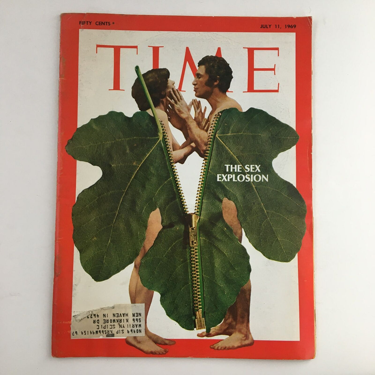Cover of Time Magazine July 11, 1969, Vol 94 #2 featuring a creative design with artwork depicting 'The Sex Explosion' and two figures among fig leaves and a zipper motif.