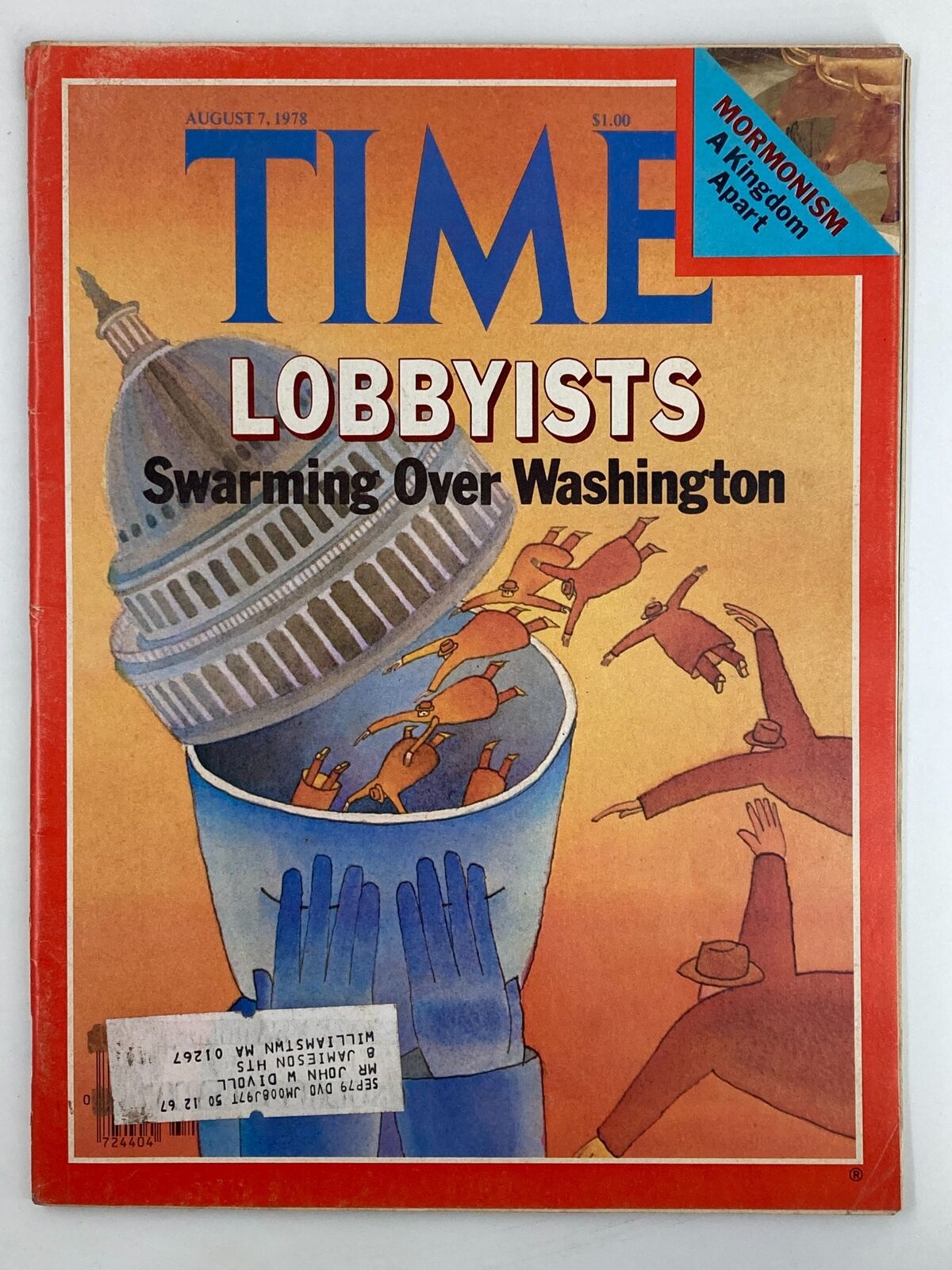 Vintage Time Magazine cover from August 7, 1978, featuring the title 'Lobbyists Swarming Over Washington' with illustrations depicting hands and the Capitol dome. This issue explores the political climate and lobbying influence in Washington during the 1970s.