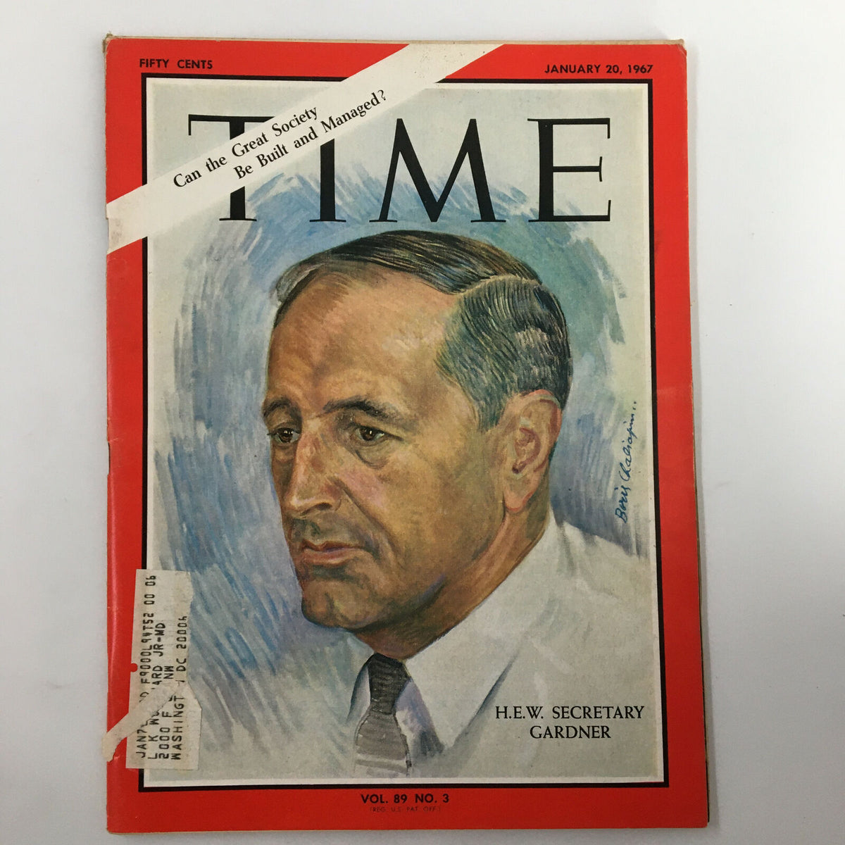 Vintage Time Magazine cover from January 20, 1967, featuring H.E.W. Secretary John William Gardner. The cover includes a portrait illustration of Gardner with the text 'Can the Great Society Be Built and Managed?' prominently displayed.