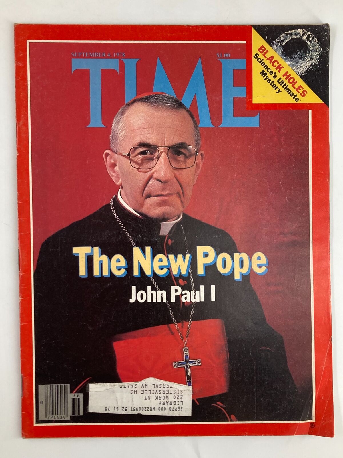Vintage Time Magazine from September 4, 1978, featuring 'The New Pope John Paul I' on the cover, highlighting his significance and the topic of black holes.