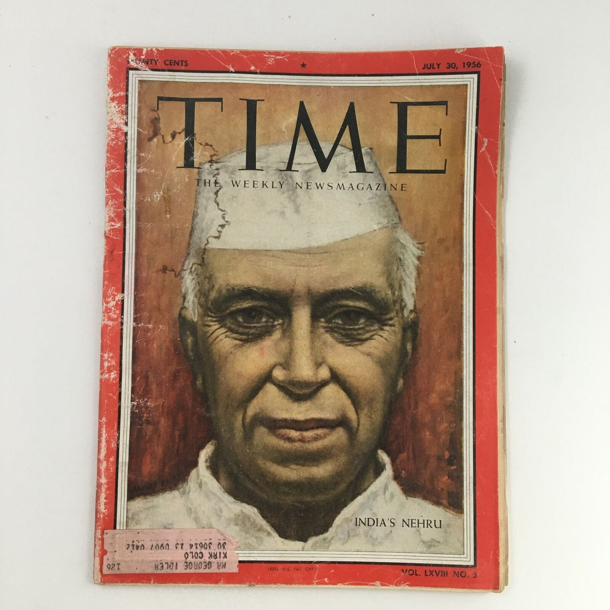 Cover of Time Magazine July 30 1956 featuring India's Premier Jawaharlal Nehru, showcasing historical significance and vintage charm.