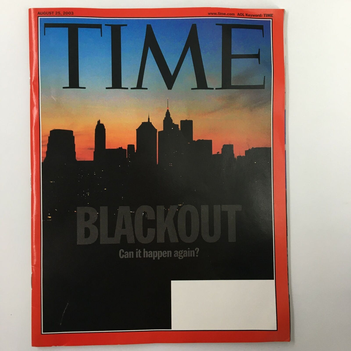 Cover of Time Magazine August 25, 2003 featuring a striking city skyline at sunset with the headline 'Blackout: Can it happen again?' highlighting the significant event of the 2003 blackout.
