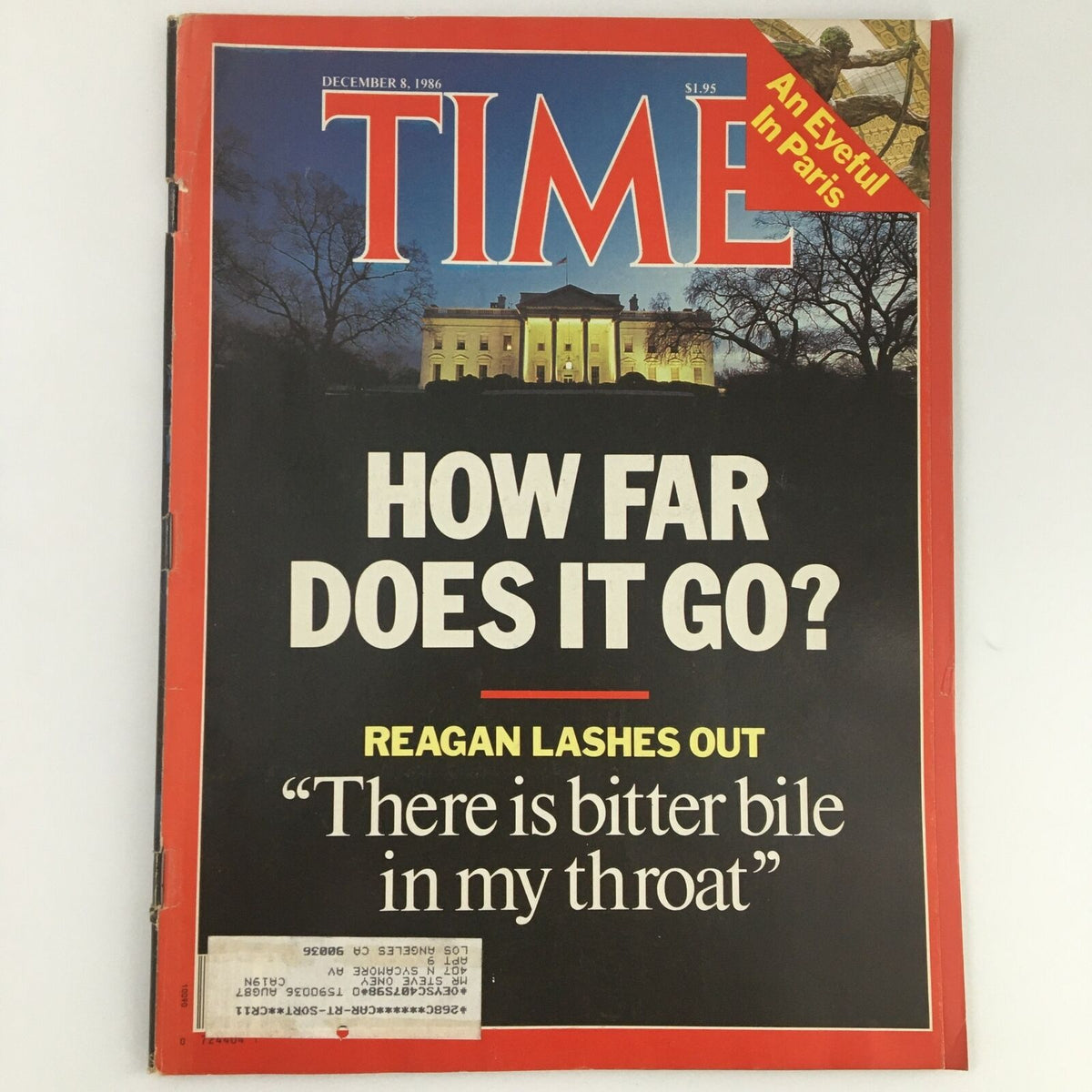 VTG Time Magazine December 8 1986 featuring Ronald Reagan on the cover with the headline 'HOW FAR DOES IT GO?' and a segment titled 'An Eyeful in Paris'.