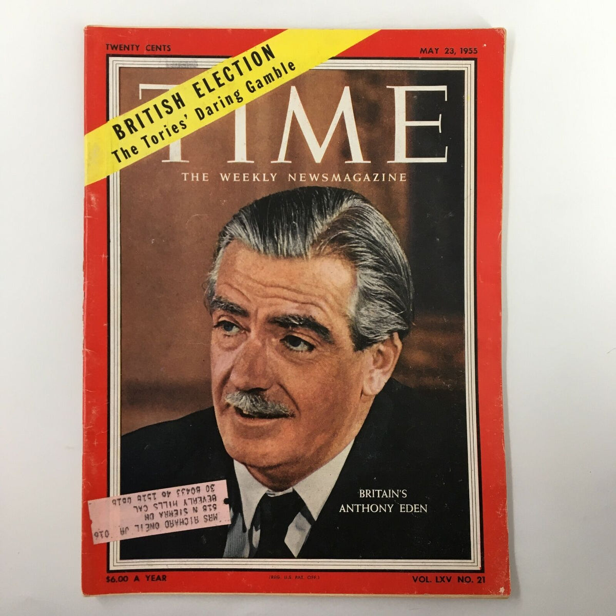 VTG Time Magazine May 23 1955 featuring Britain's Anthony Eden, showcasing a portrait of Eden with a headline about the British election and a price tag.