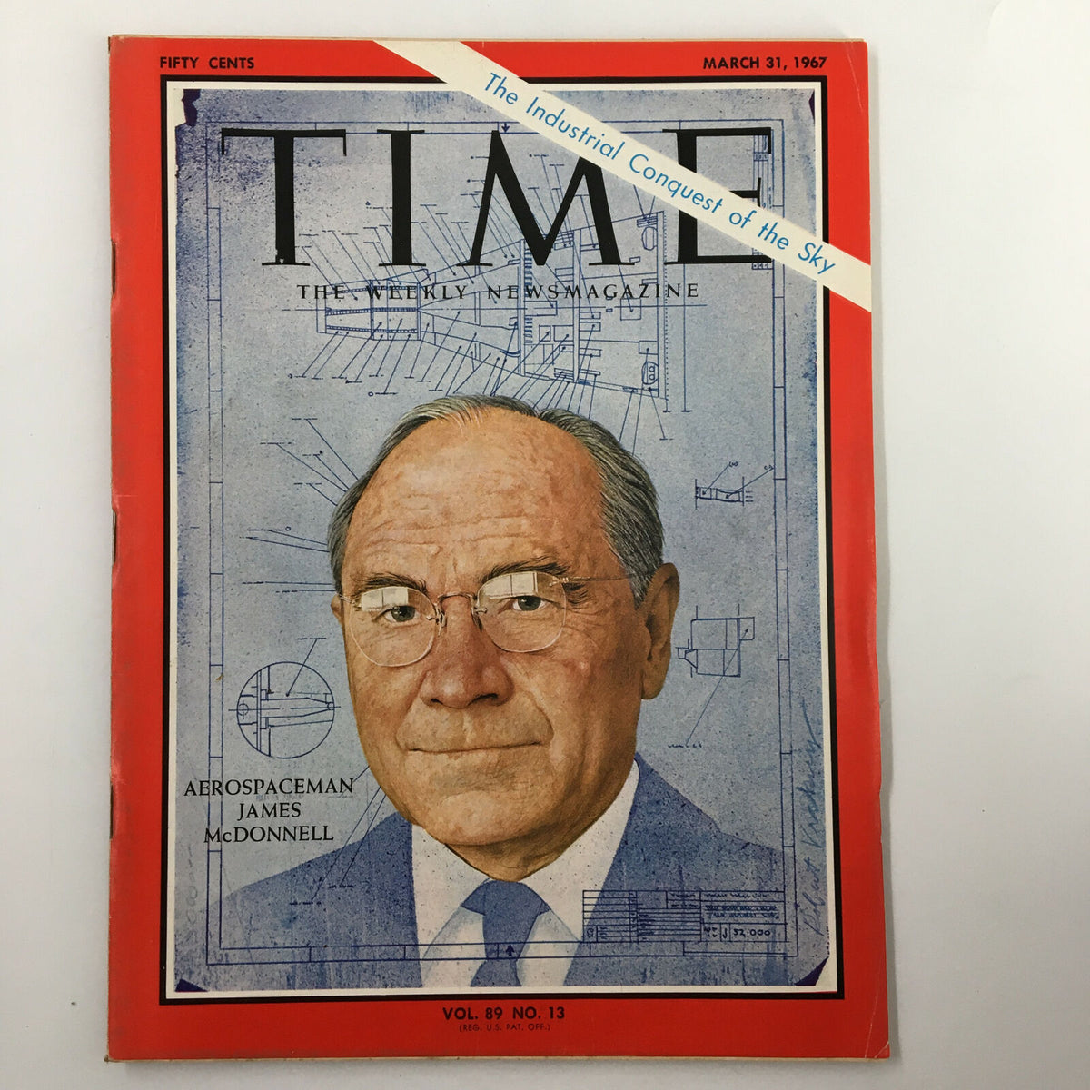 Vintage Time Magazine cover from March 31, 1967, Vol. 89 No. 13 featuring aerospaceman James McDonnell, showcasing his influential contributions to the aerospace industry with a unique artistic portrayal and technical background.