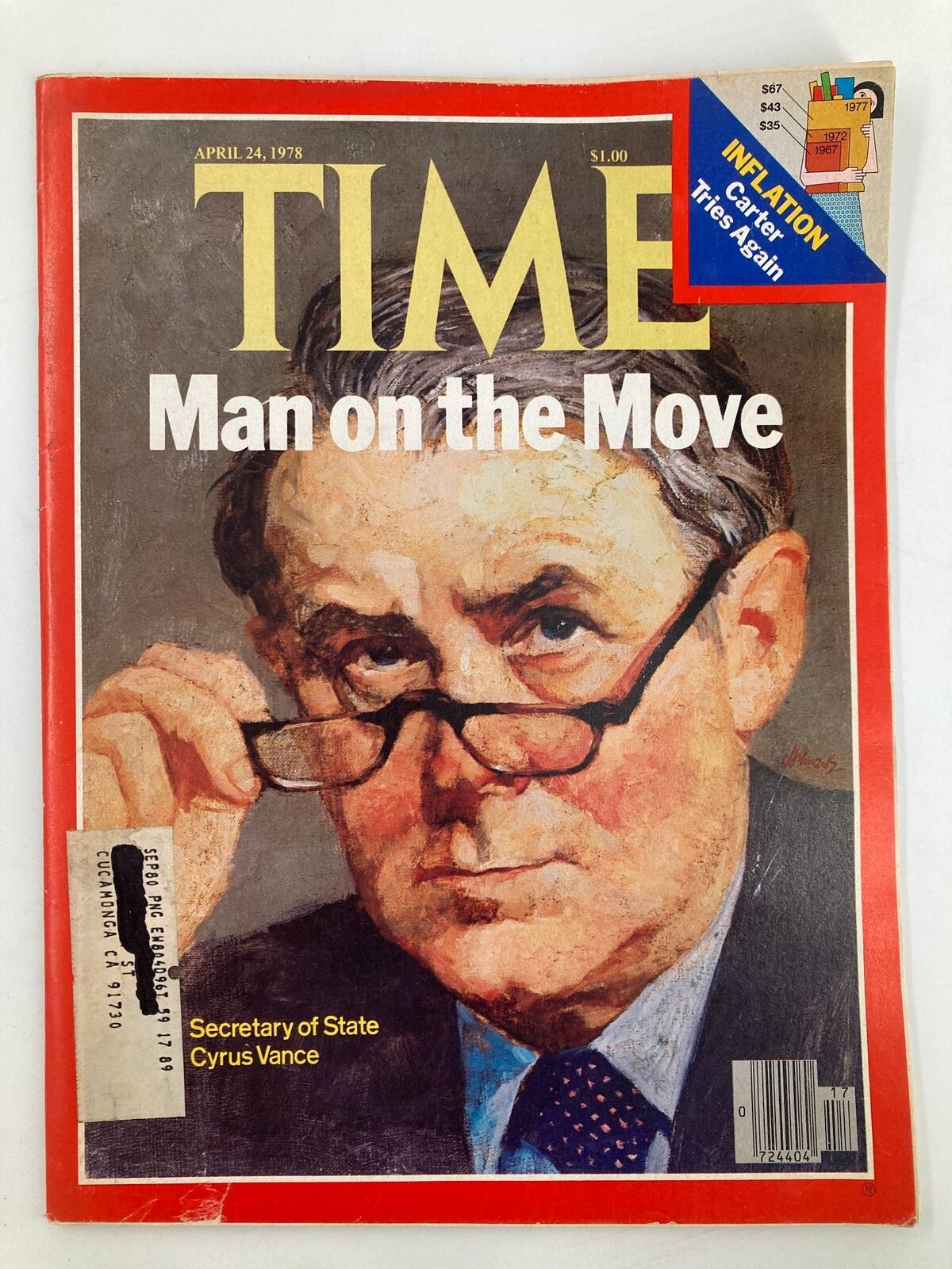 VTG Time Magazine April 24 1978 featuring Secretary of State Cyrus Vance on the cover, with the title 'Man on the Move' and details about historical political context.
