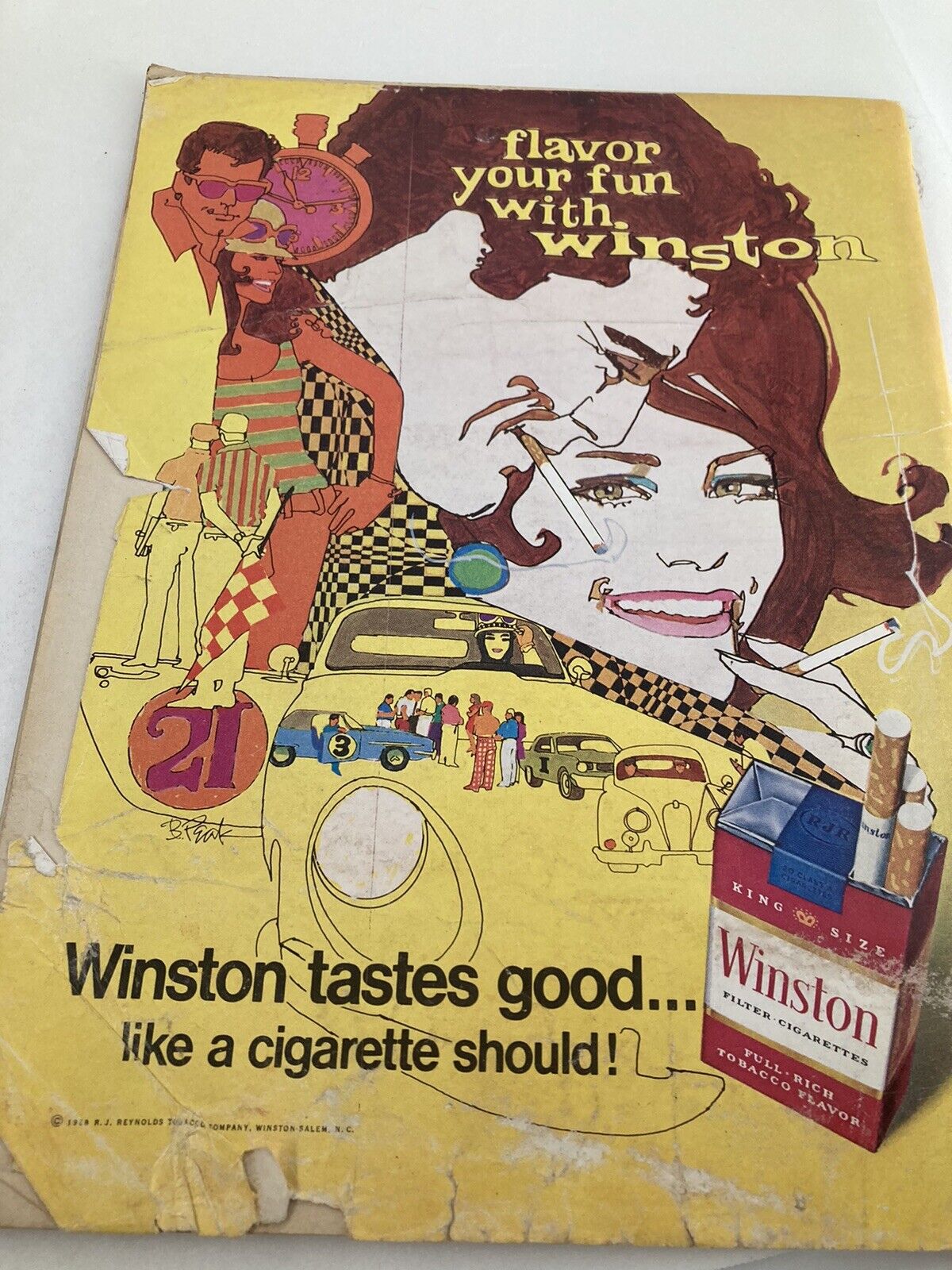 Colorful vintage advertisement for Winston cigarettes, presenting an illustration featuring a couple and retro cars. The ad includes the phrase 'flavor your fun with Winston' and highlights the appeal of the 1960s lifestyle.