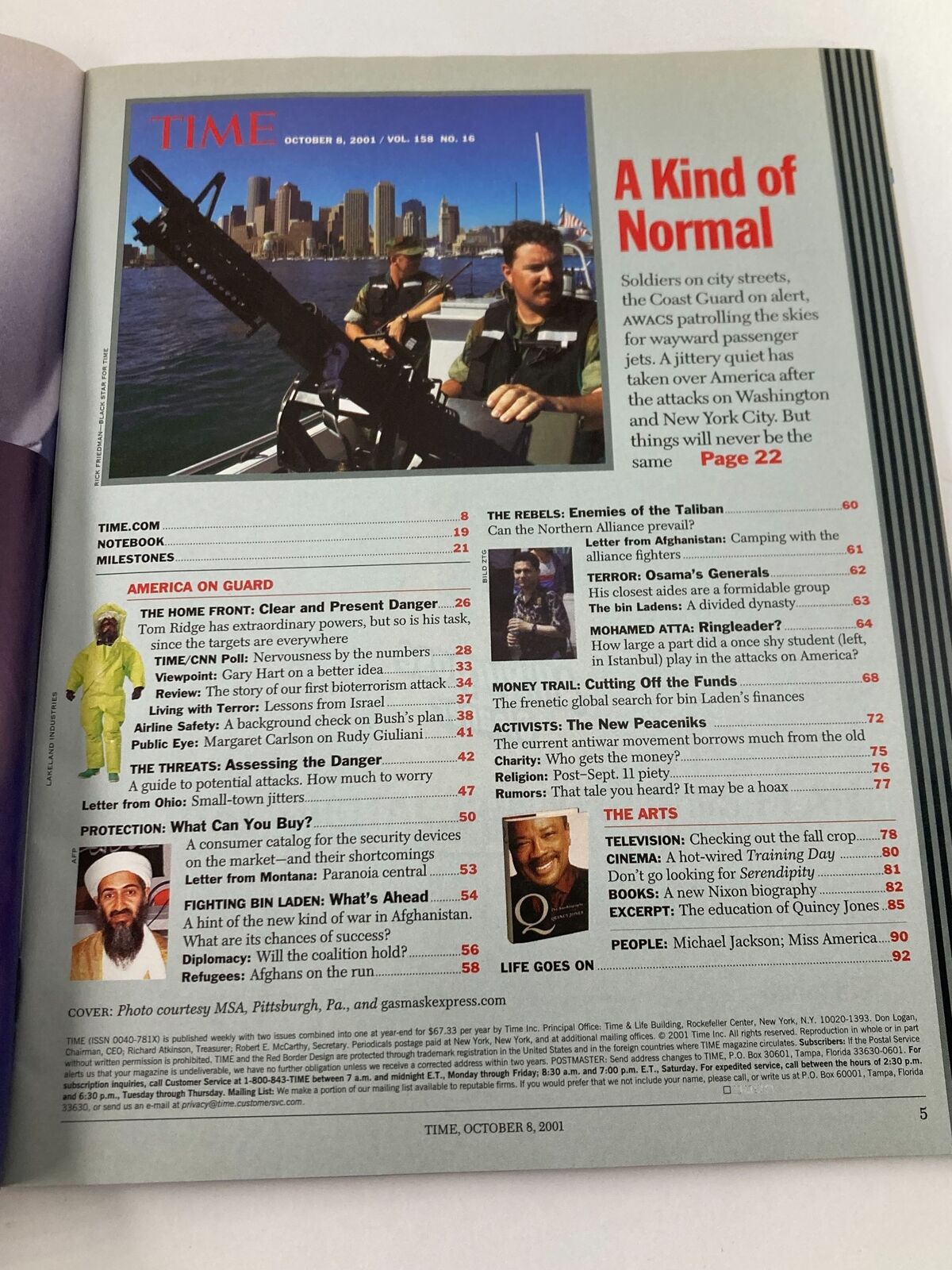 The back cover of Time Magazine, dated October 8, 2001, featuring articles about American security and the response to terrorism in the wake of September 11 events. The cover story is titled 'The Hunt for Osama bin Laden' highlighting the geopolitical context of the time.