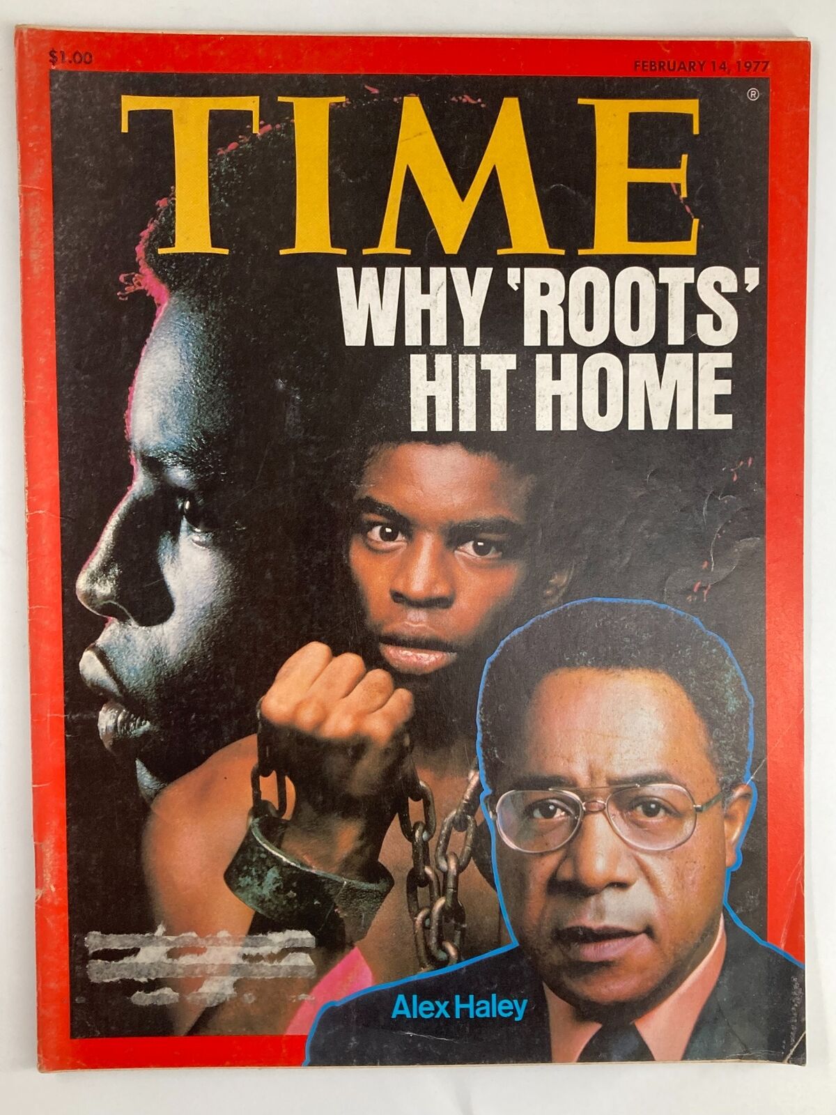 Cover of Time Magazine dated February 14, 1977, featuring the title 'Why 'Roots' Hit Home' with portraits of Alex Haley and cultural imagery.