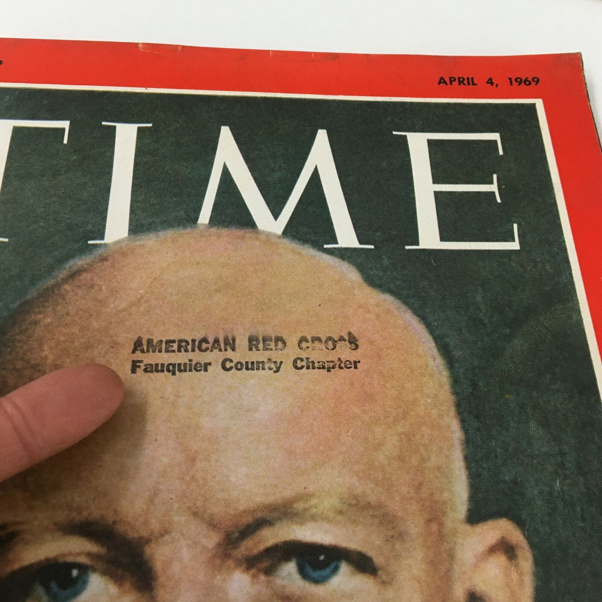 Close-up of the cover of VTG Time Magazine from April 4, 1969, showing a stamped label 'AMERICAN RED CROSS Fauquier County Chapter' on the head of Dwight 'Ike' Eisenhower.