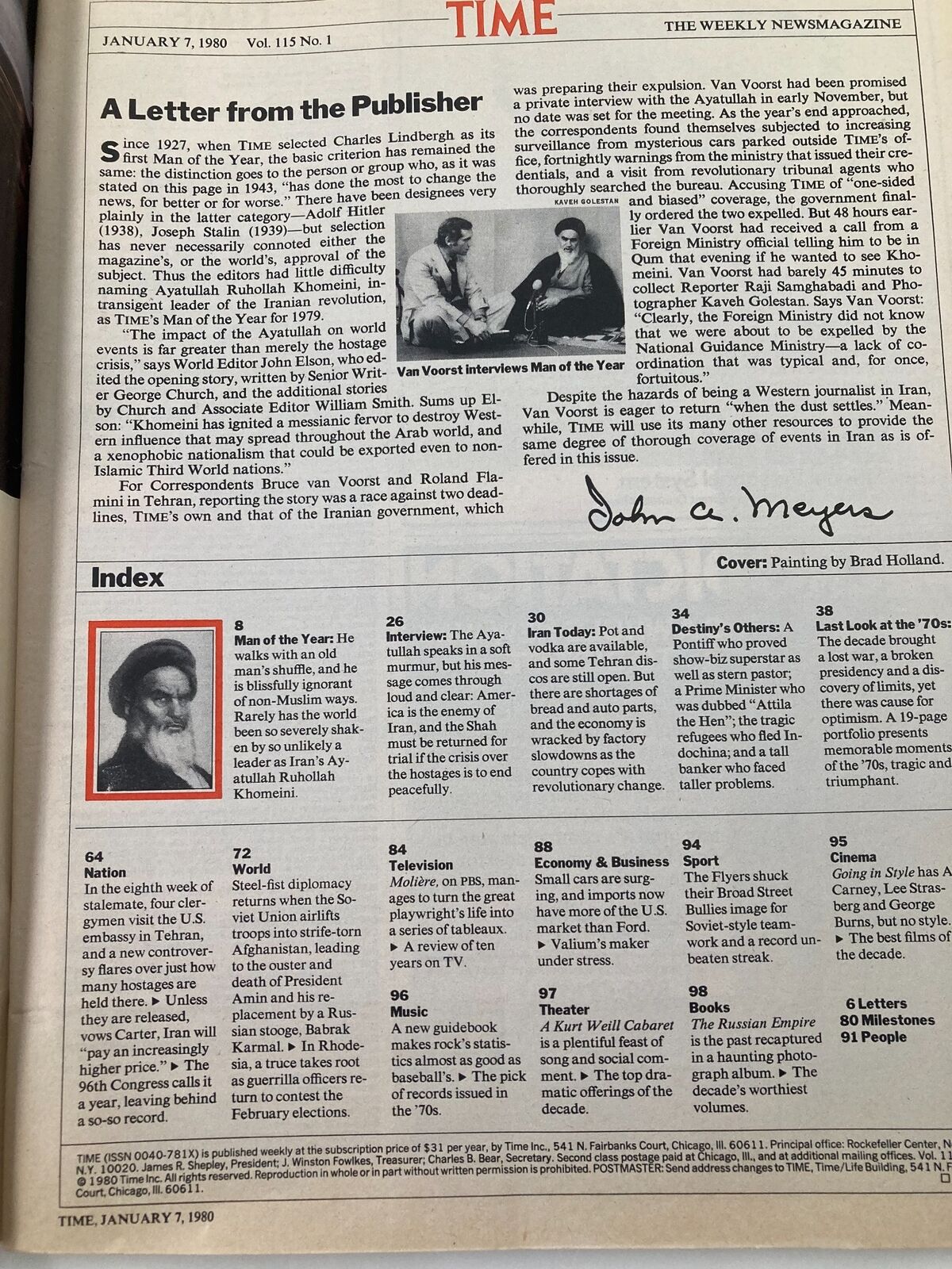 Index page from the vintage Time Magazine January 7, 1980, including a letter from the publisher and details about Ayatullah Khomeini, the Man of the Year.