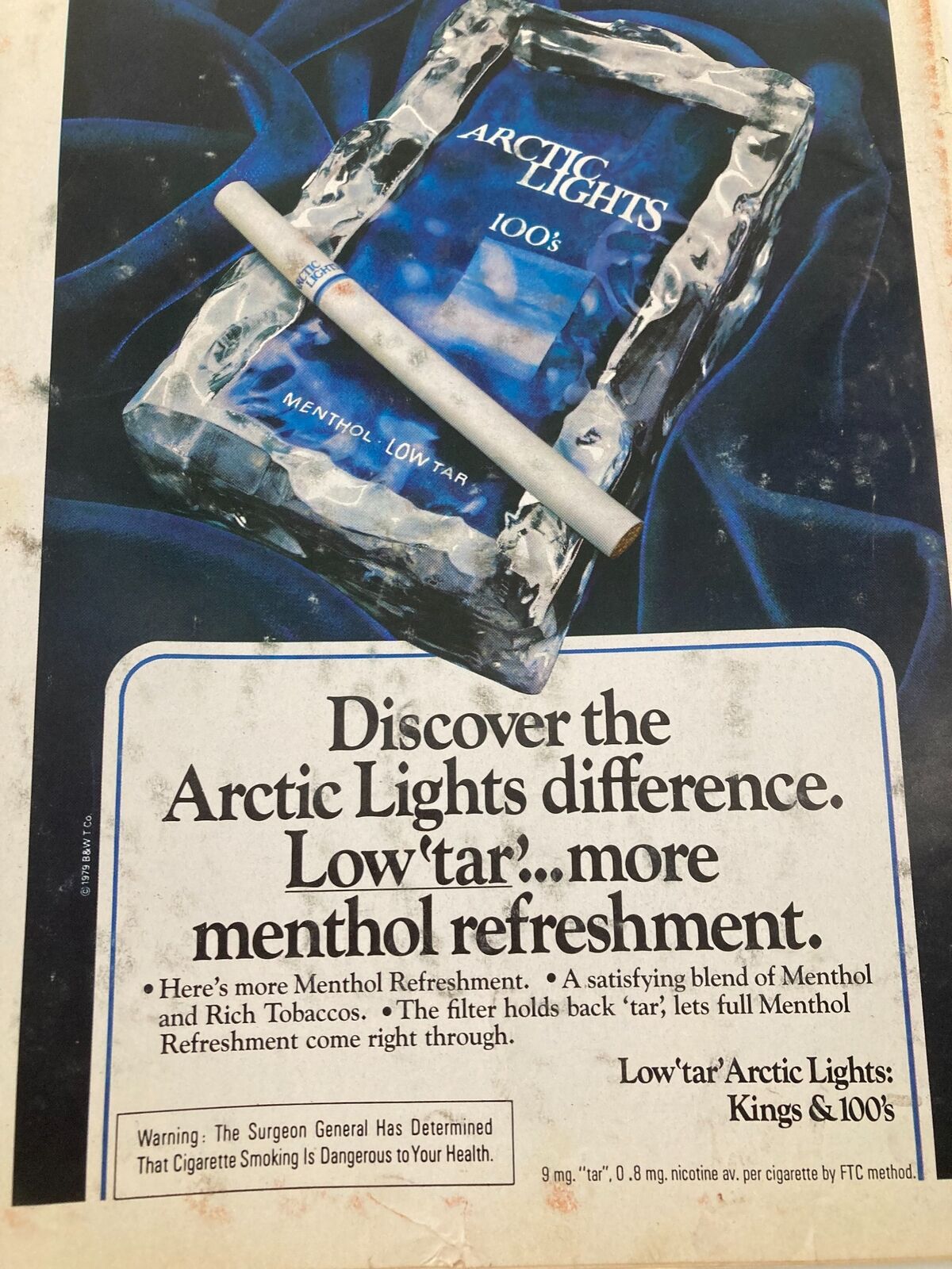 Advertisment for Arctic Lights cigarettes from the vintage Time Magazine January 7, 1980, showcasing the product and its features.