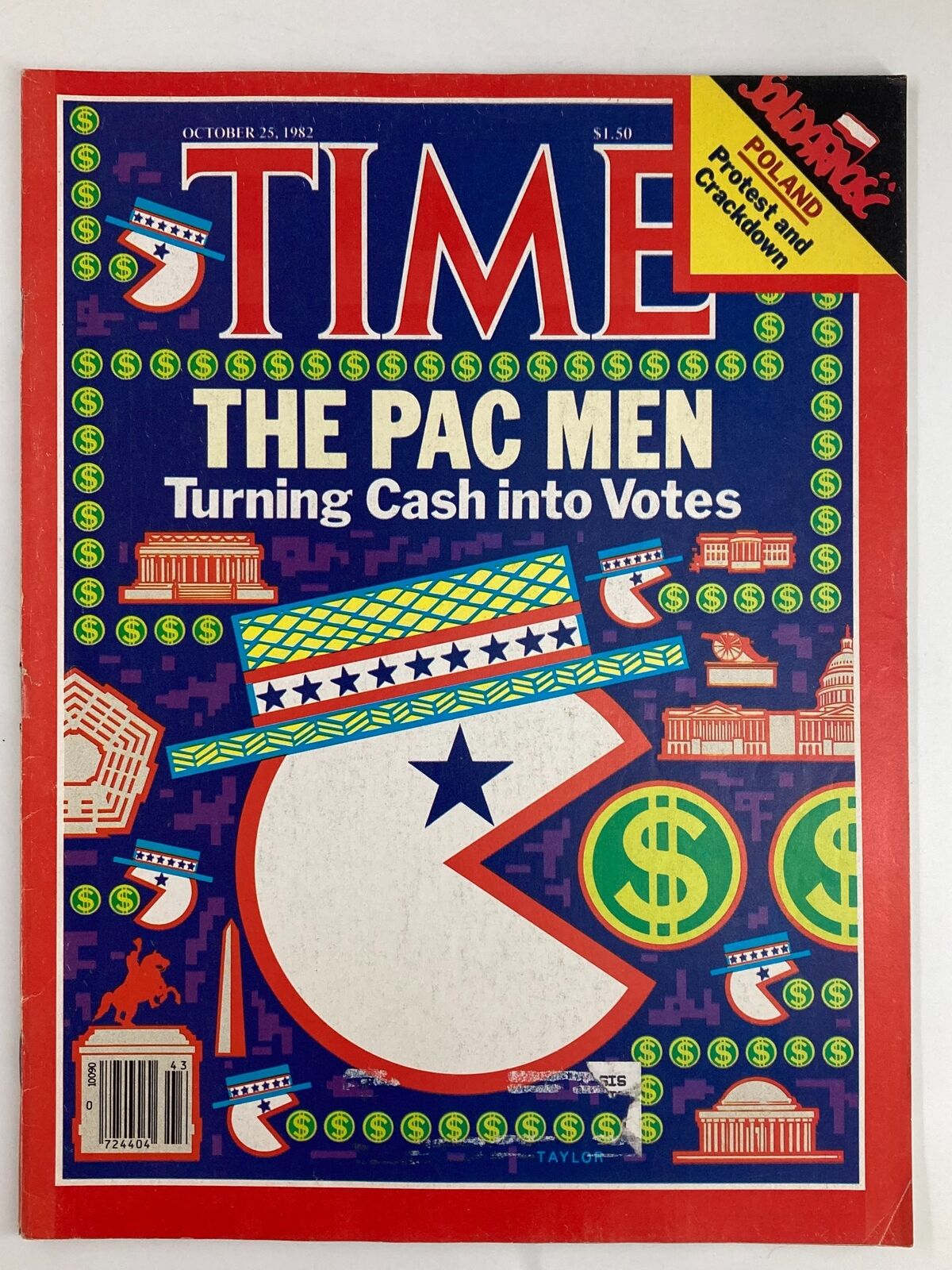 VTG Time Magazine October 25 1982 cover featuring 'The Pac Men: Turning Cash Into Votes' with colorful illustrations symbolizing money and politics.