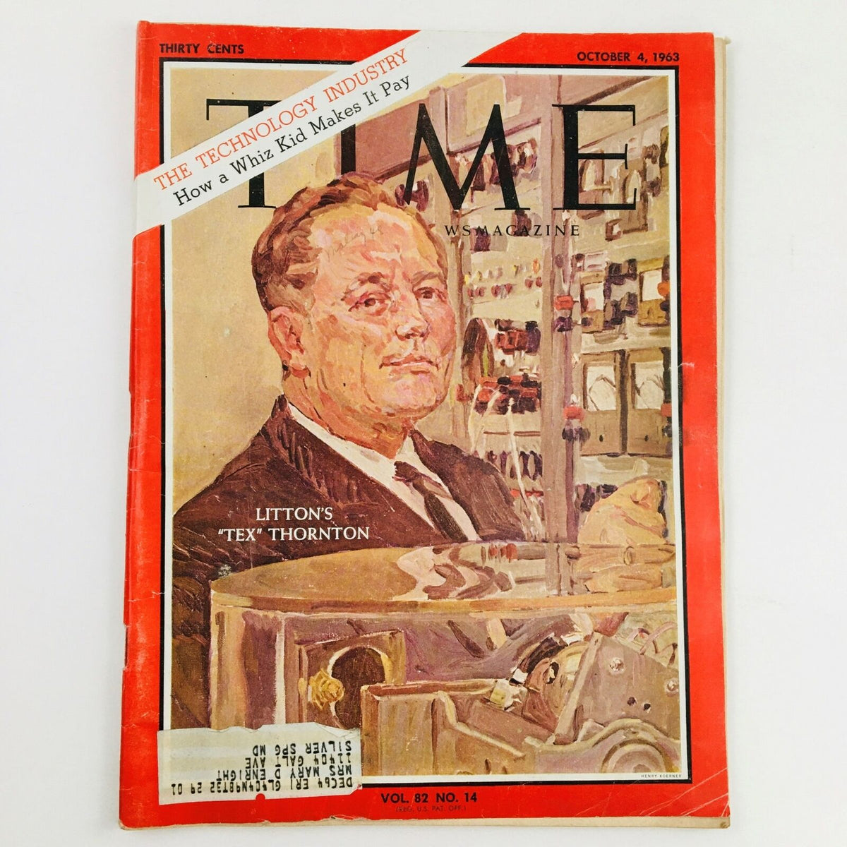 Cover of Time Magazine dated October 4, 1963, Vol. 82 No. 14 featuring Litton's "Tex" Thornton, showcasing the iconic illustration and headlines related to the technology industry.