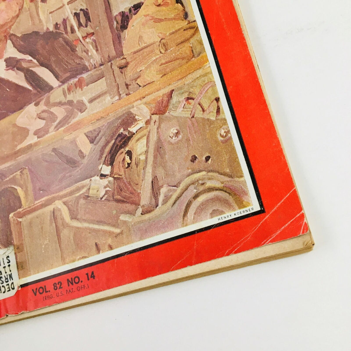Close-up of the cover of Time Magazine October 4, 1963, showcasing the artwork by Henry Koerner and details of the magazine's volume and number.