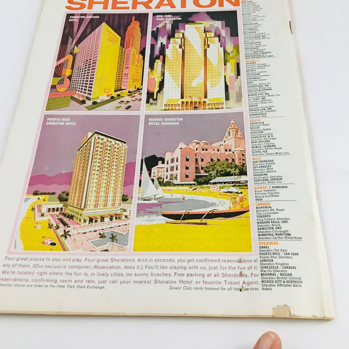 Back cover of Time Magazine from October 4, 1963, featuring vintage advertisements for Sheraton Hotels and listing locations, along with some wear indicative of its age.