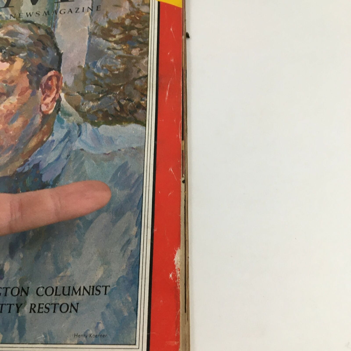 Side view of the cover of Time Magazine February 15, 1960 Vol. 75 No. 7, highlighting Washington columnist Scotty Reston, with a finger pointing at the magazine's details and slight wear visible.