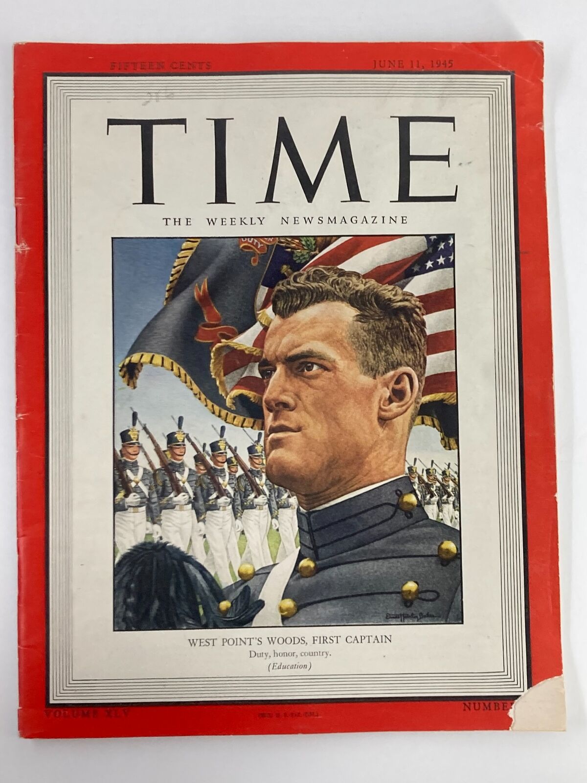 Cover of VTG Time Magazine June 11 1945 Vol 45 #24 featuring West Point's Woods Captain, with American flags in the background.