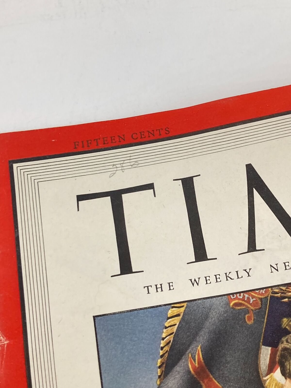 Close-up of the top banner of VTG Time Magazine June 11 1945 Vol 45 #24 showing the price "Fifteen Cents" with minor wear.